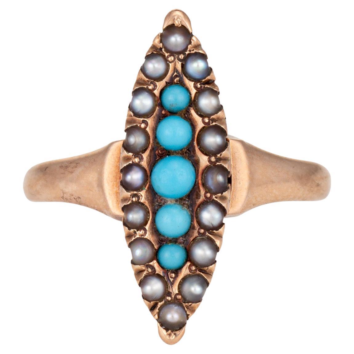 Antique Victorian Navette Ring Turquoise Seed Pearl 10k Yellow Gold Sz 5.75 For Sale