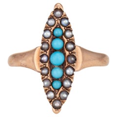 Antique Victorian Navette Ring Turquoise Seed Pearl 10k Yellow Gold Sz 5.75