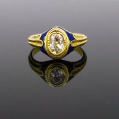Victorian Navy Blue Enamel Cushion Cut Diamond Ring, 18 Karat Yellow, circa