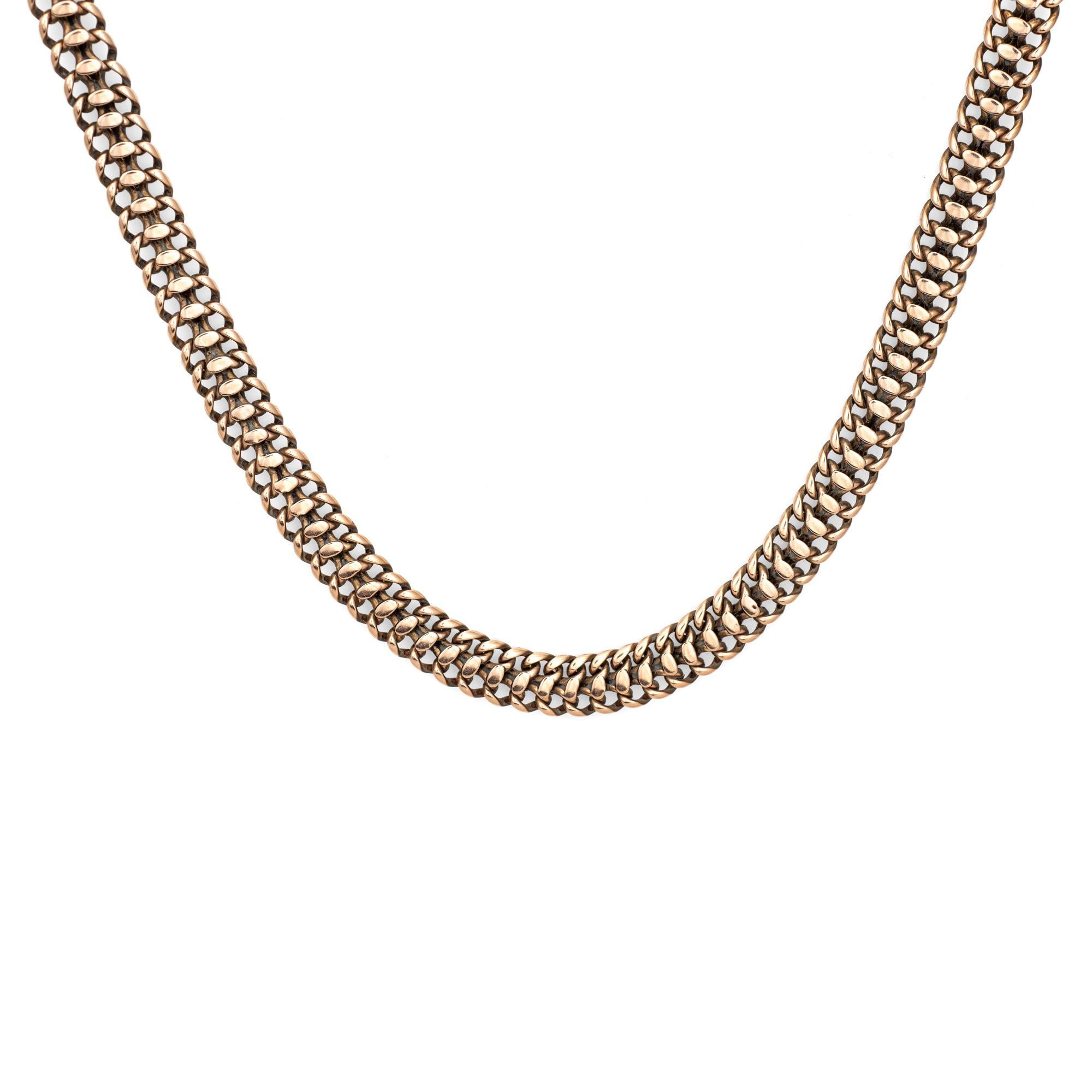 Stylish and finely detailed antique Victorian fancy link necklace crafted in 14k & 9k rose gold (circa 1880s to 1900s).  

The hefty fancy link necklace weighs 42.9 grams and features wide flat links (8.5mm - 0.33 inches) crafted in rosy 14k & 9k