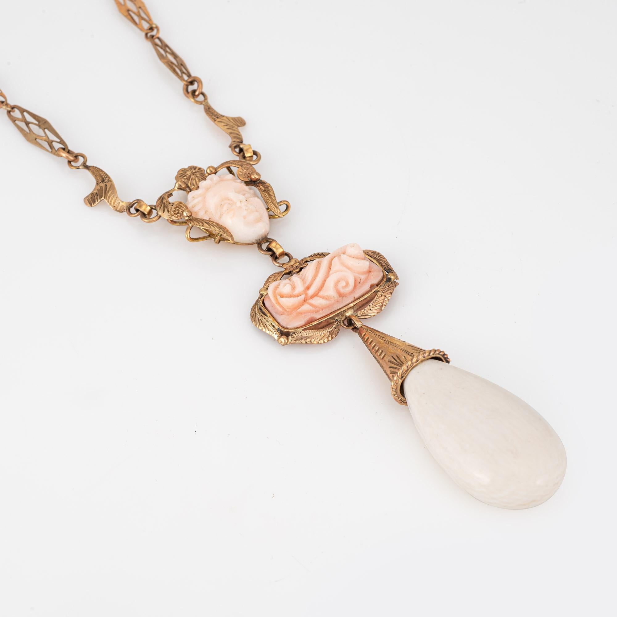 Cabochon Antique Victorian Necklace Carved Coral Cameo 14k Rose Gold Long Drop Fancy Link For Sale