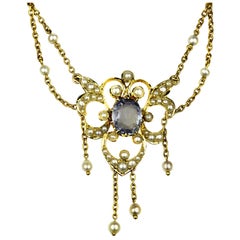 Antique Victorian Necklace with Natural Pearls and Sapphire in 15 Karat Gold