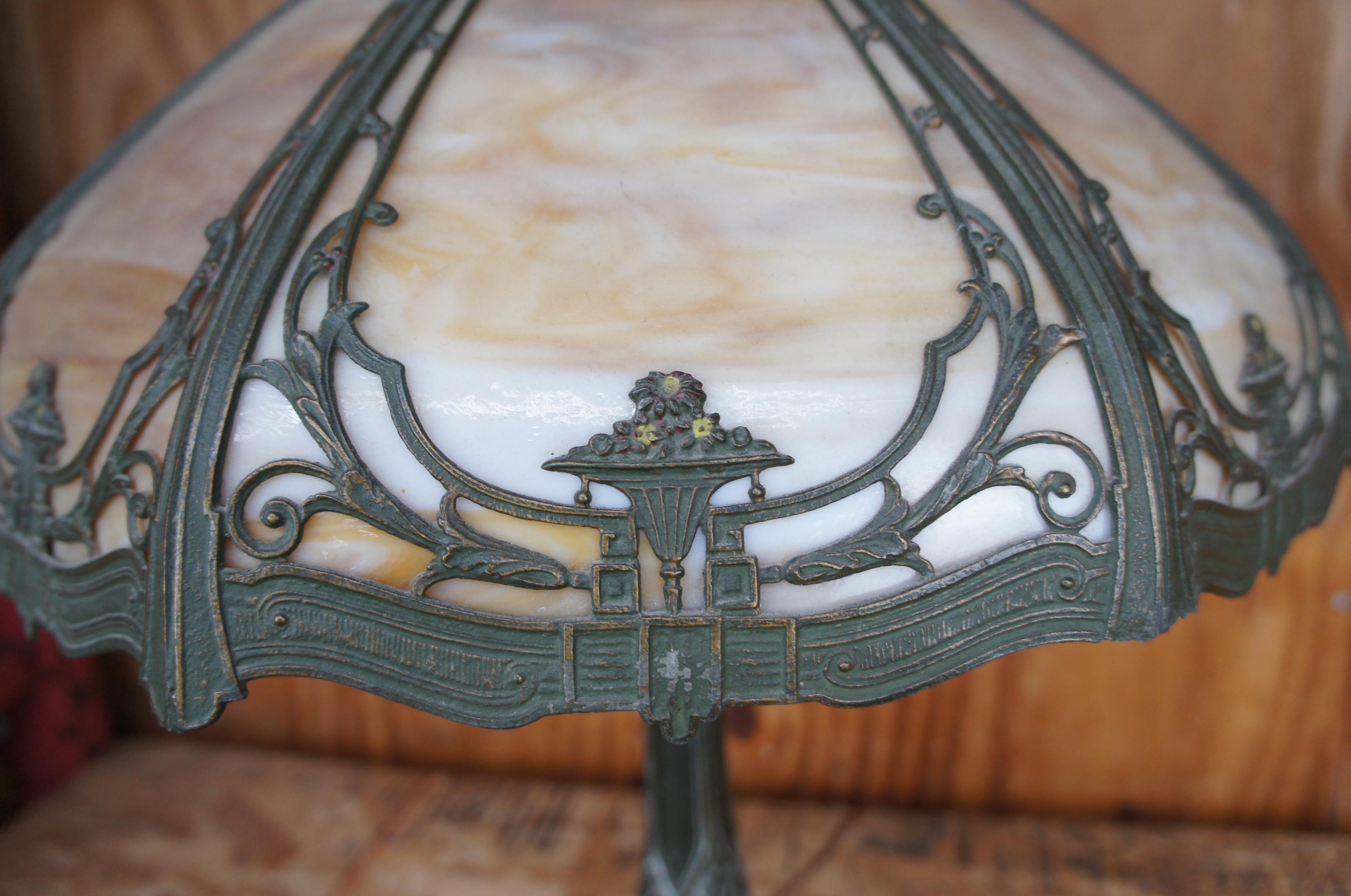 Antique Victorian Neoclassical Rainaud A&R Co Slag Glass Cast Iron Lamp 3