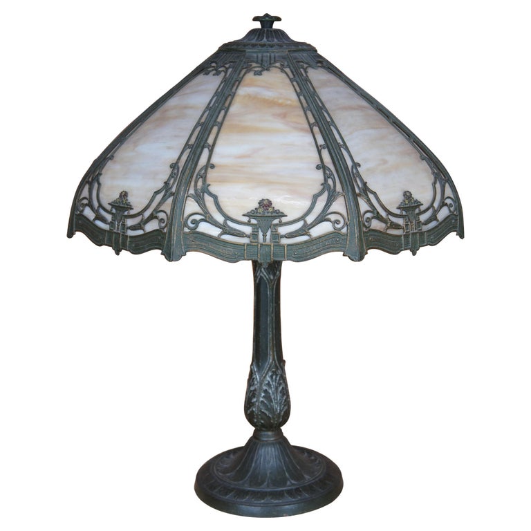 Antique Victorian Neoclassical Rainaud A&R Co Slag Glass Cast Iron Lamp