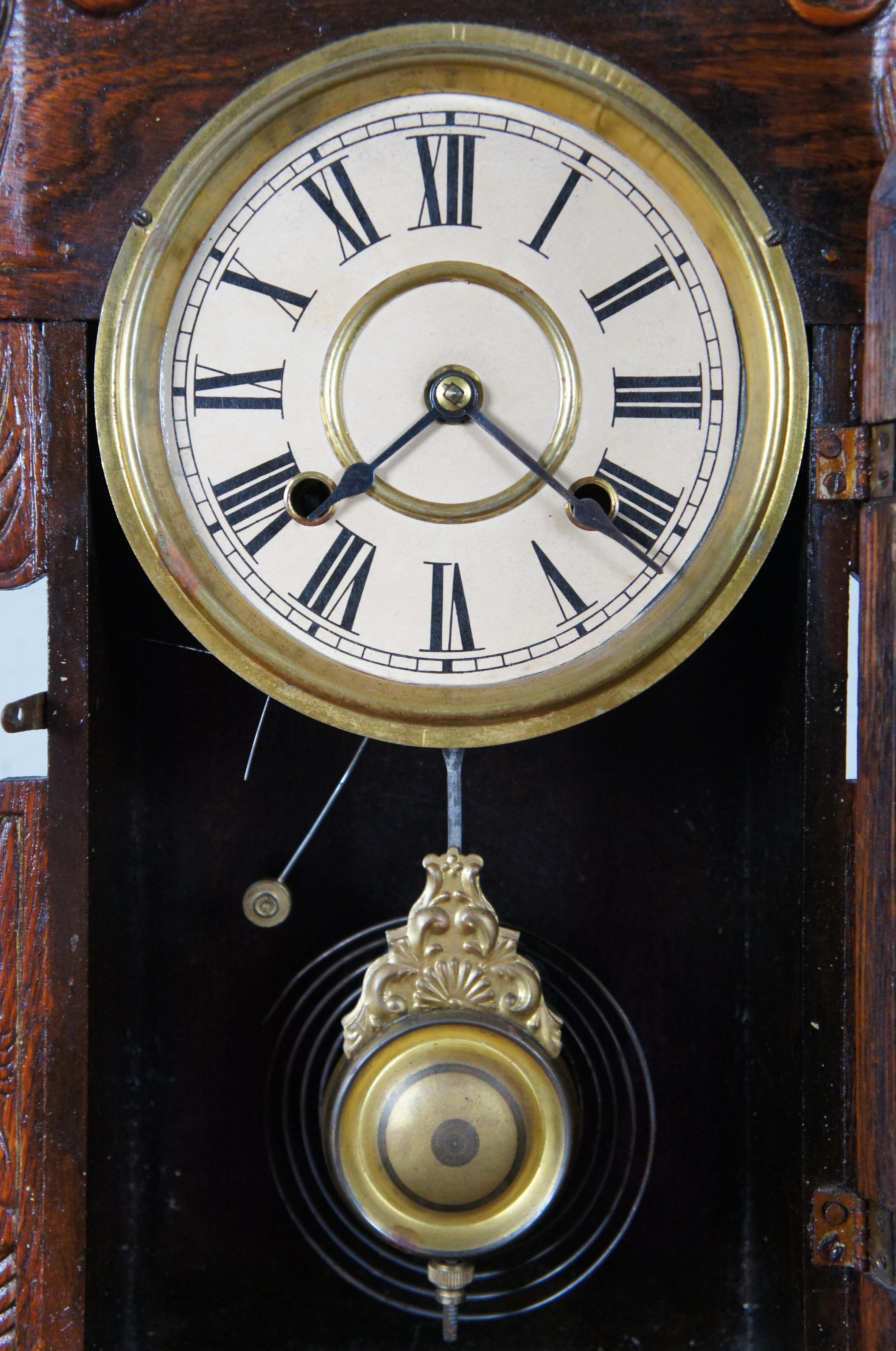 Antique Victorian New Haven Camden Gingerbread Oak Mantel Clock 2