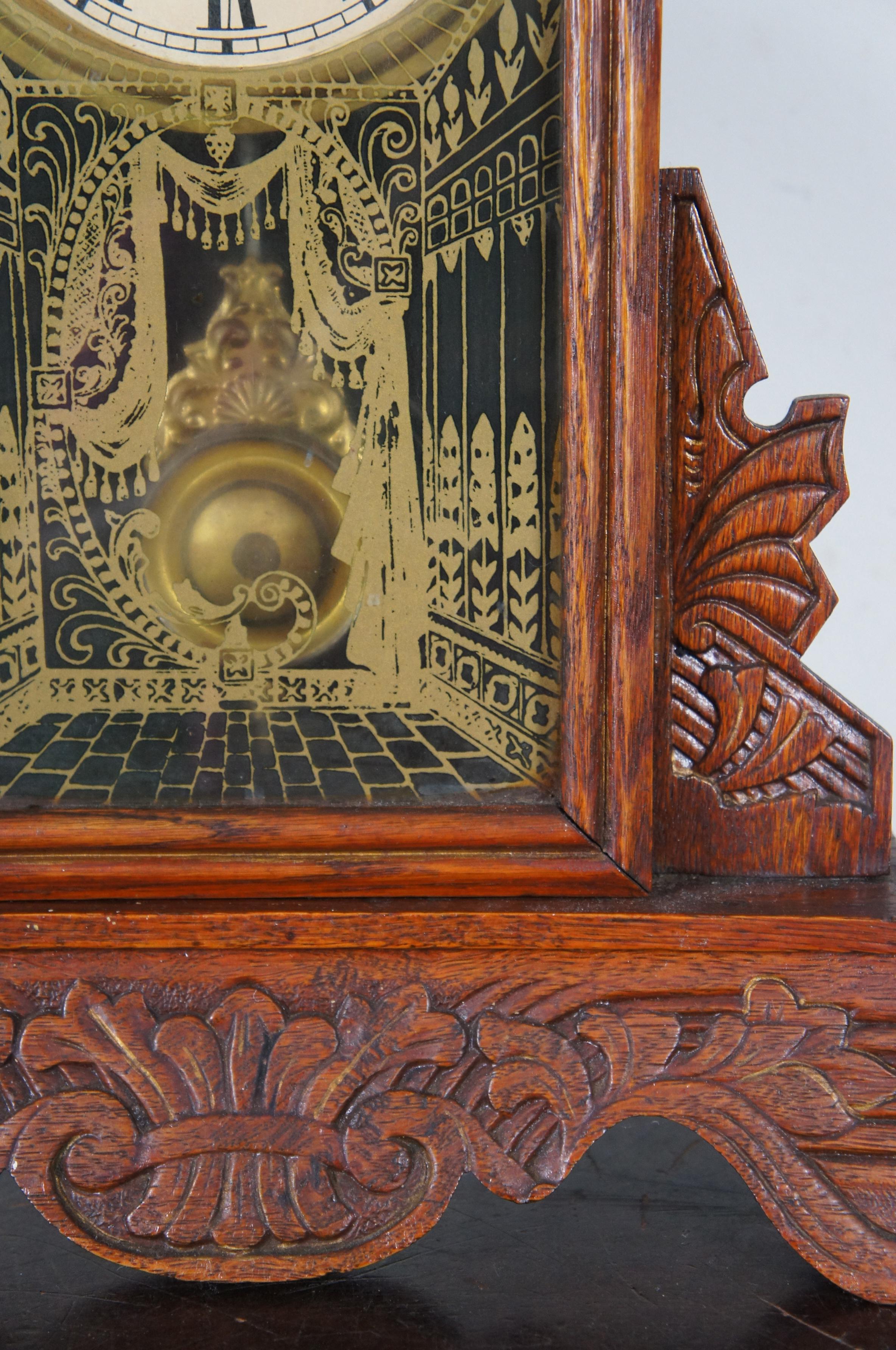 Antique Victorian New Haven Camden Gingerbread Oak Mantel Clock 3