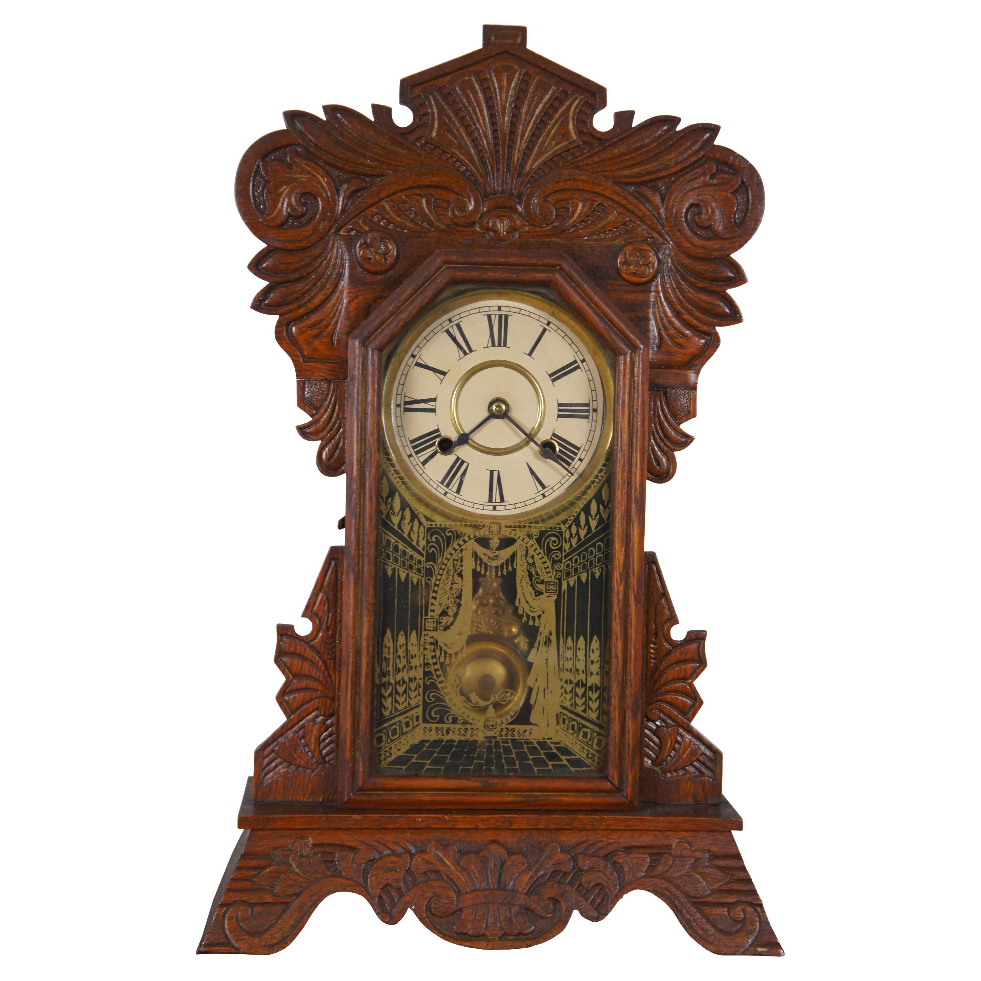 Antique Victorian New Haven Camden Gingerbread Oak Mantel Clock