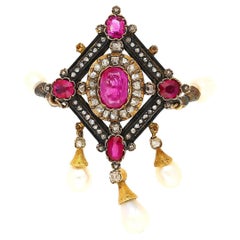 Antique Victorian No-Heat Ruby, Pearl, & Diamond Gold/Silver Brooch