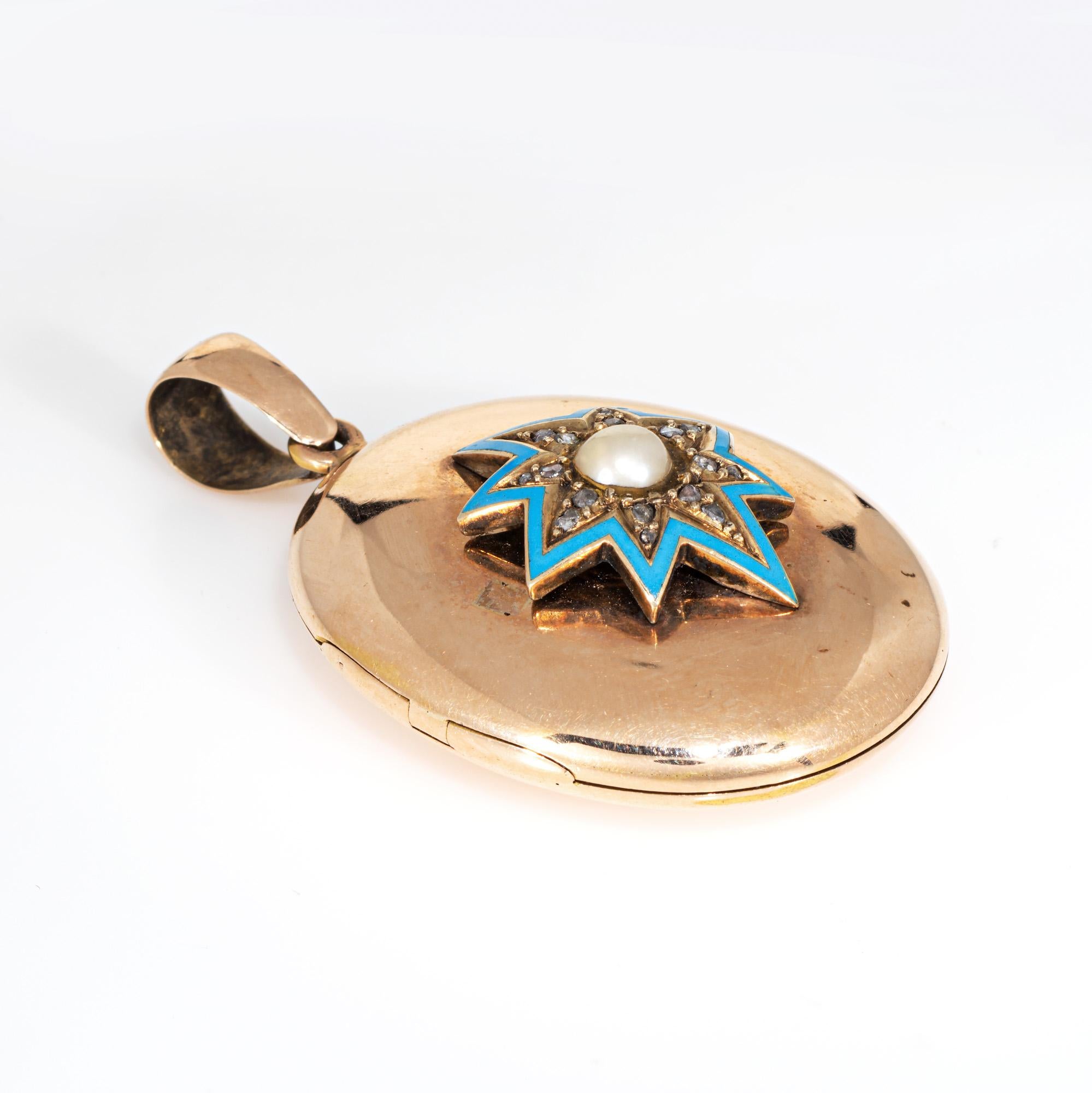 Antiguo Colgante Victoriano Estrella del Norte Relicario Esmalte Azul Oro Rosa 14k Diamante Corte rosa en venta