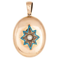 Antique médaillon pendentif victorien en émail bleu et or rose 14 carats avec diamants