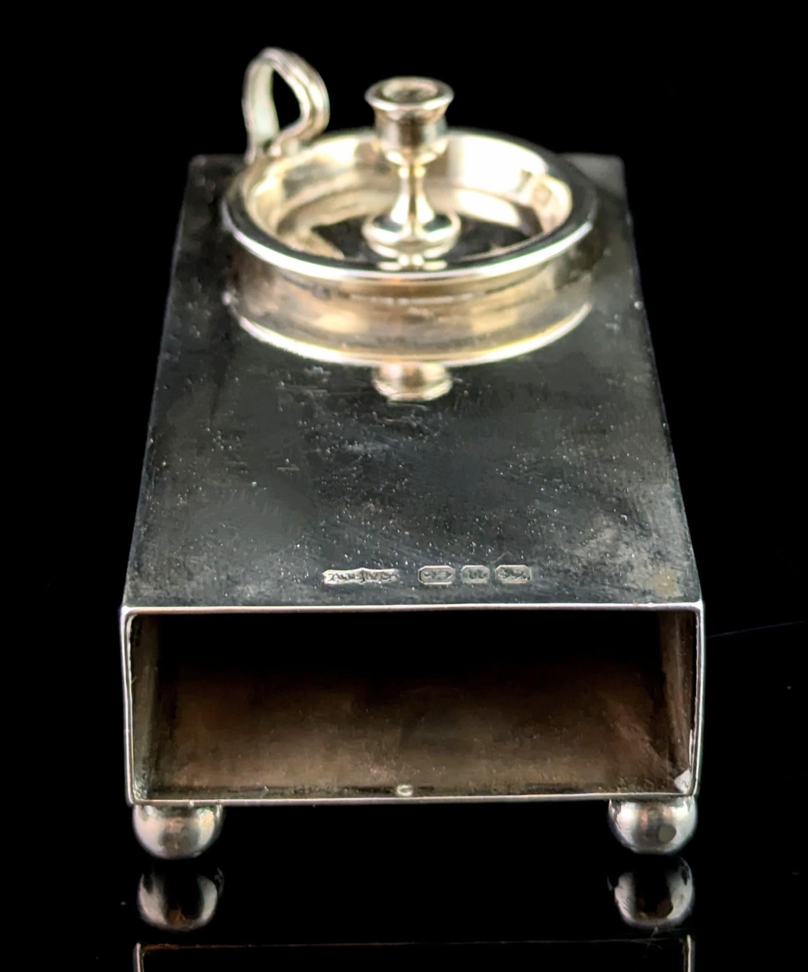 19th Century Antique Victorian novelty silver matchbook cover, chamberstick, match safe