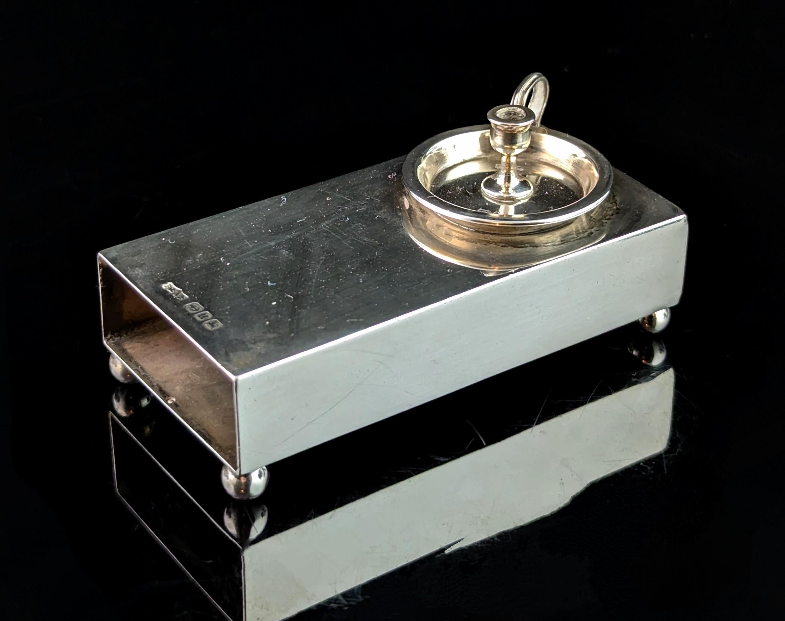 Sterling Silver Antique Victorian novelty silver matchbook cover, chamberstick, match safe