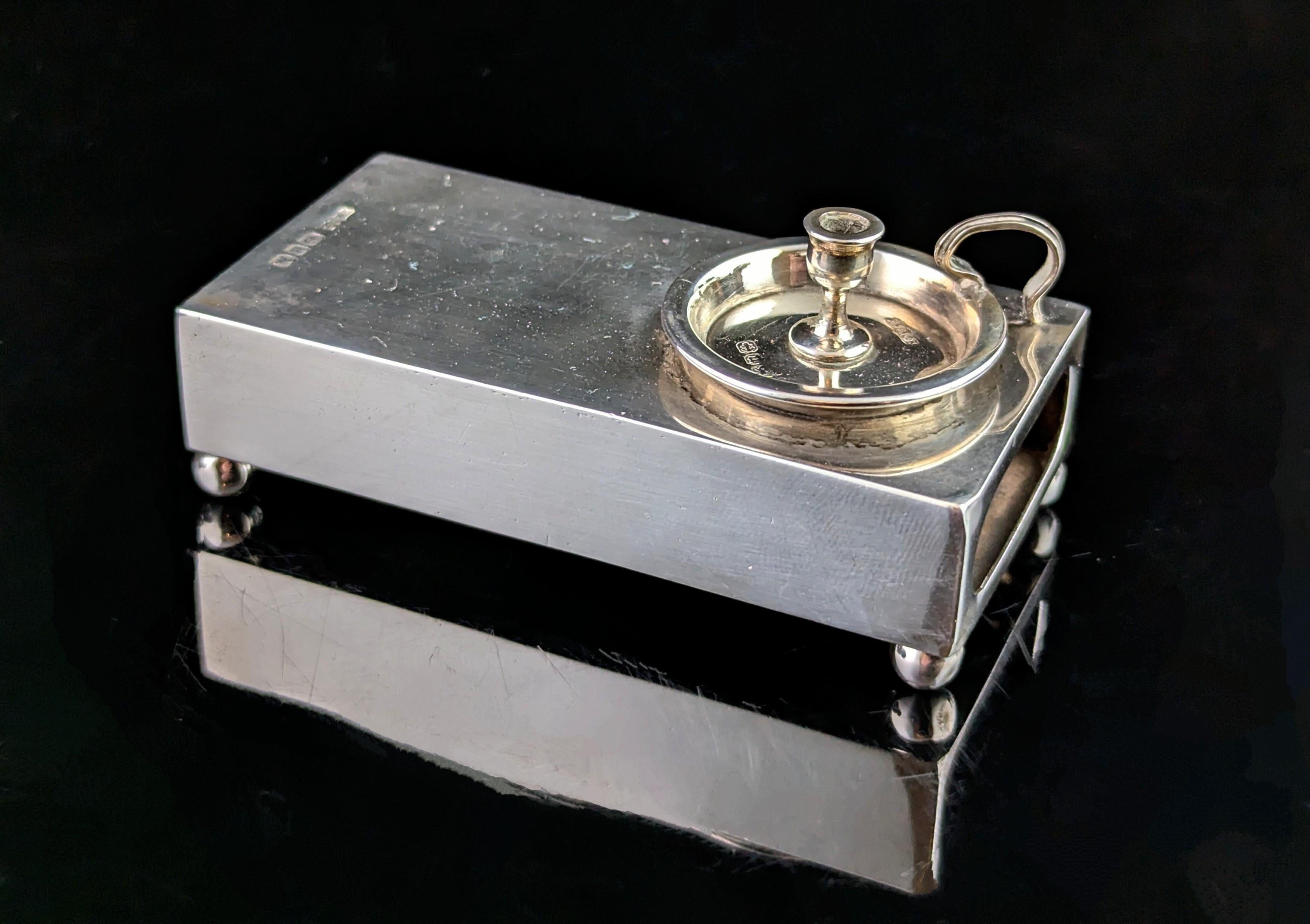 Antique Victorian novelty silver matchbook cover, chamberstick, match safe 2