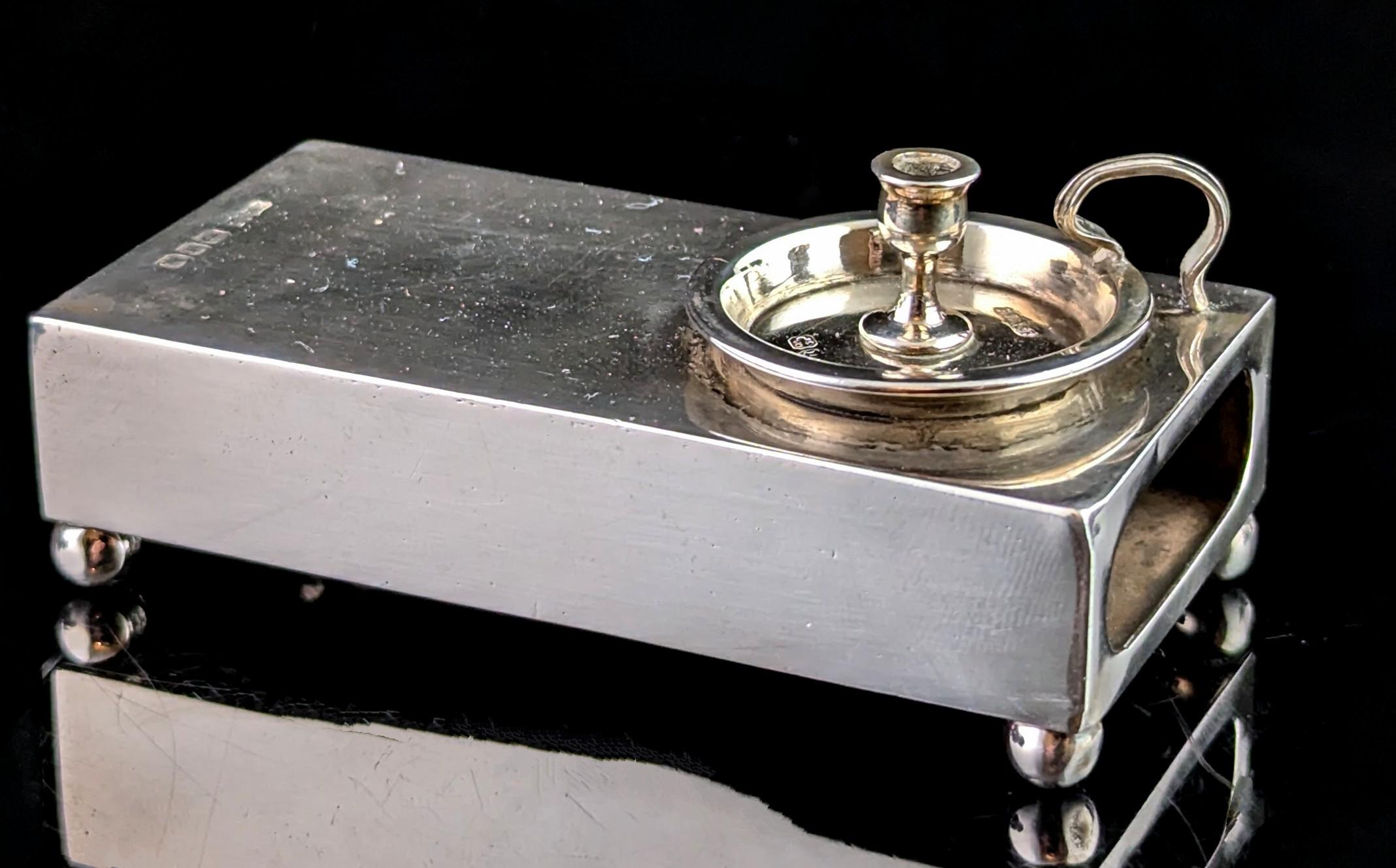 Antique Victorian novelty silver matchbook cover, chamberstick, match safe 3