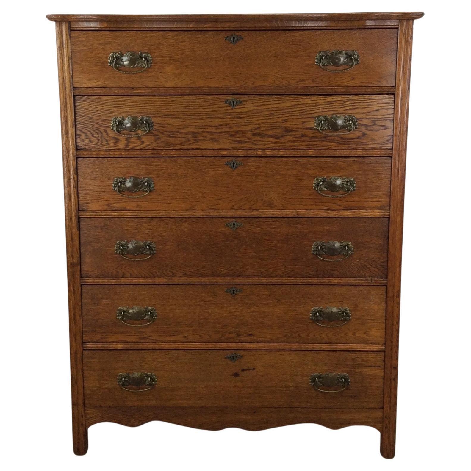 Antique Victorian Oak 6 Drawer Dresser with Brass Hardware