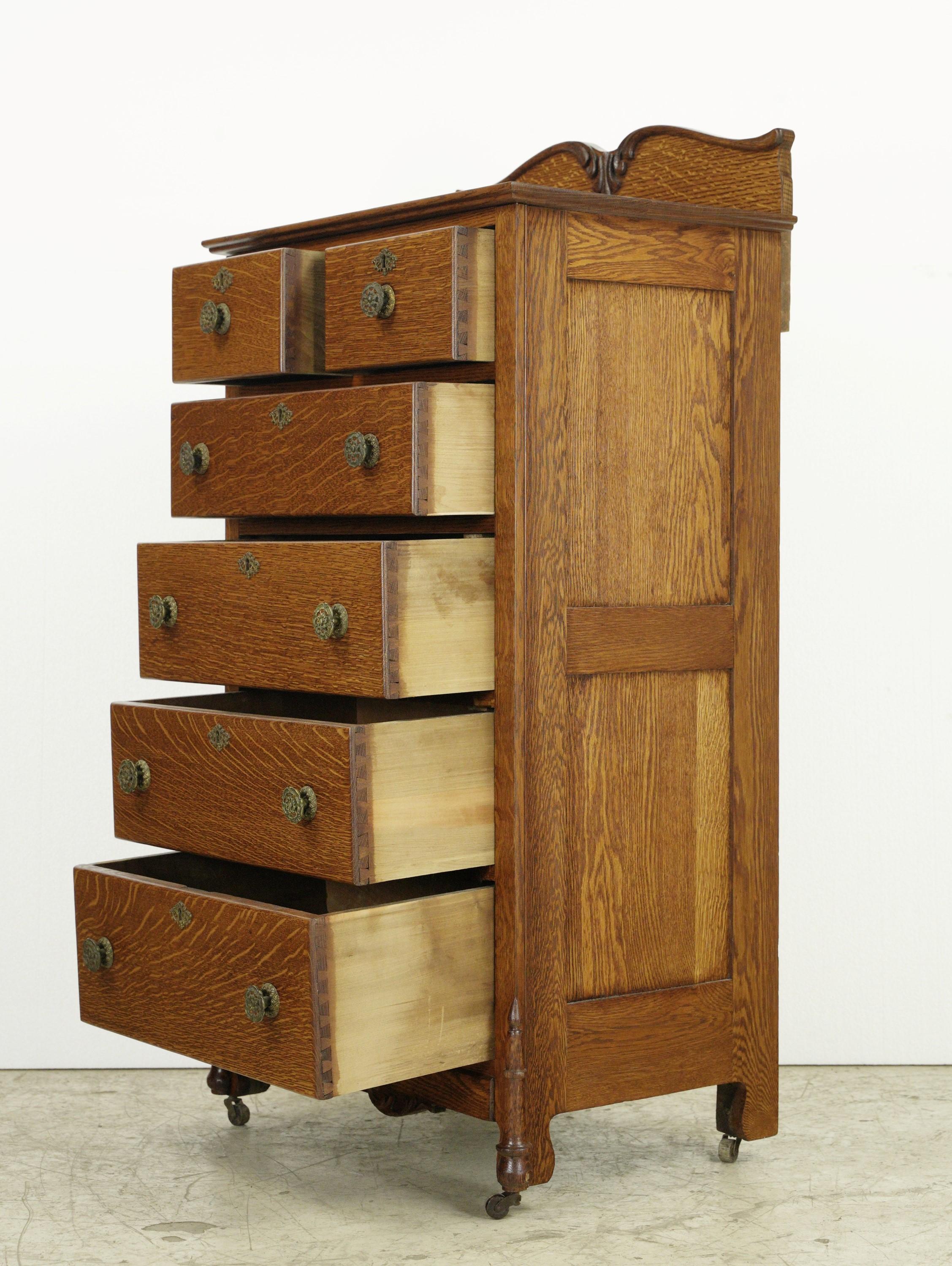 Antique Victorian Oak 6 Drawer High Boy Dresser w Casters 5