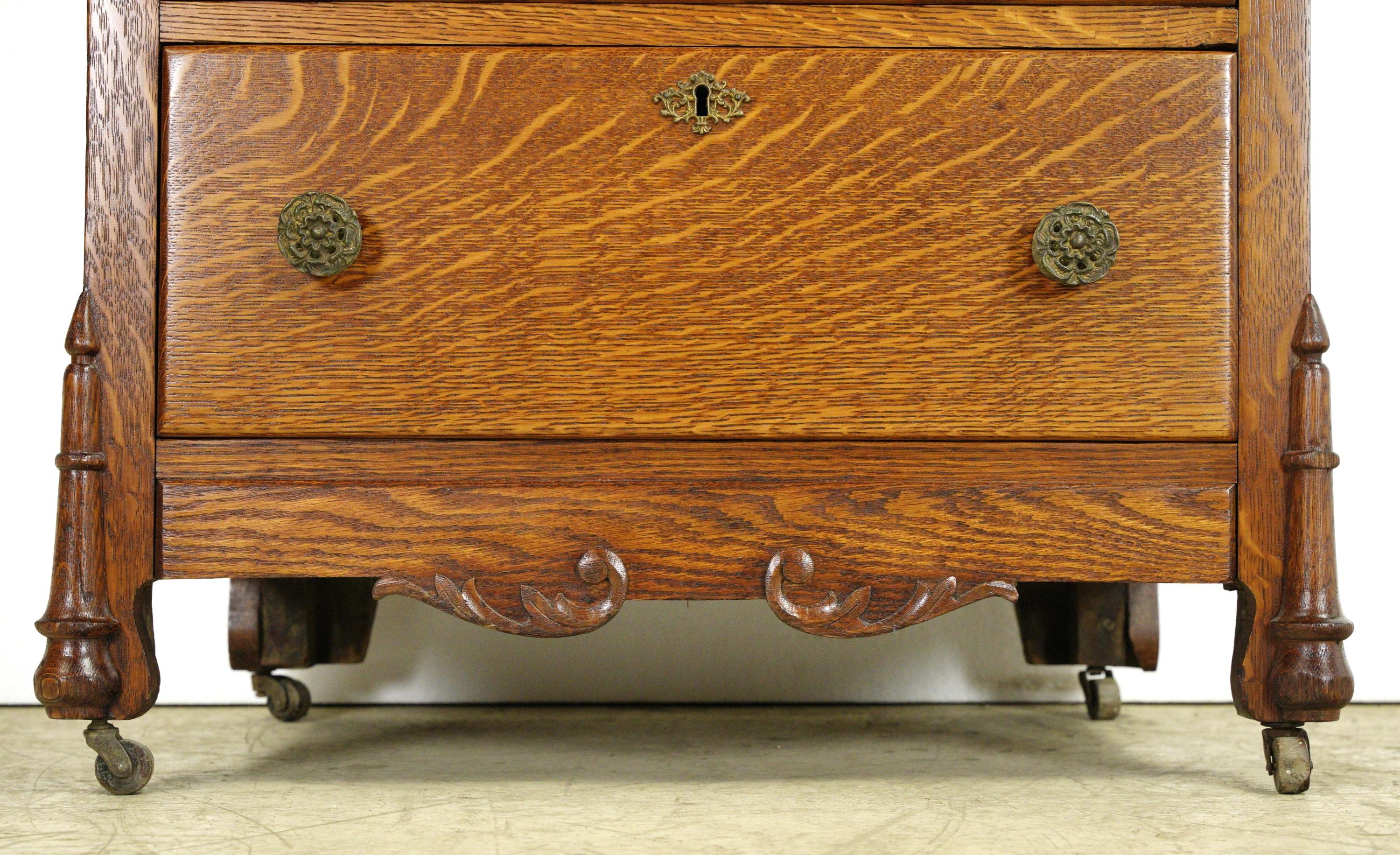 20th Century Antique Victorian Oak 6 Drawer High Boy Dresser w Casters