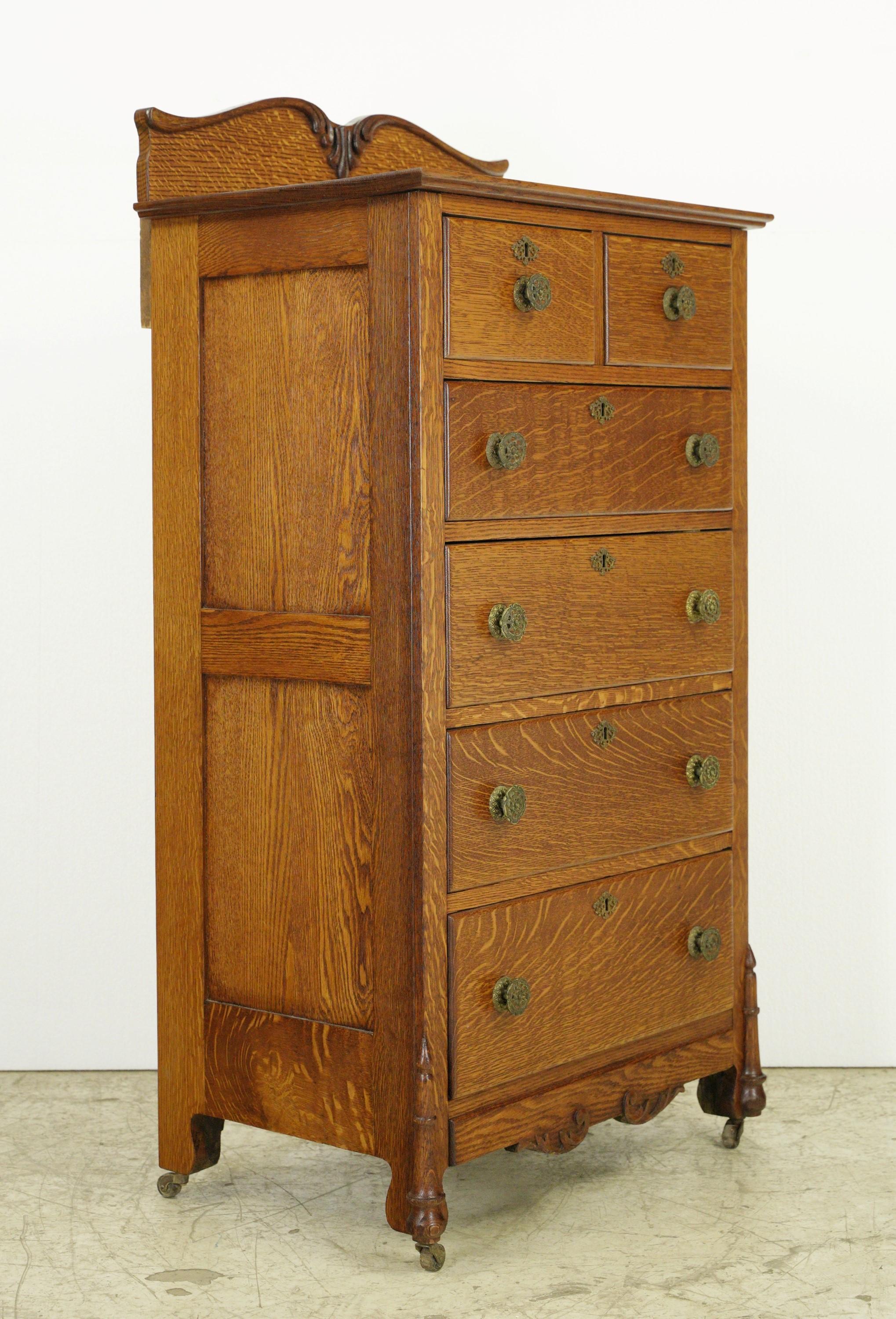 Antique Victorian Oak 6 Drawer High Boy Dresser w Casters 3