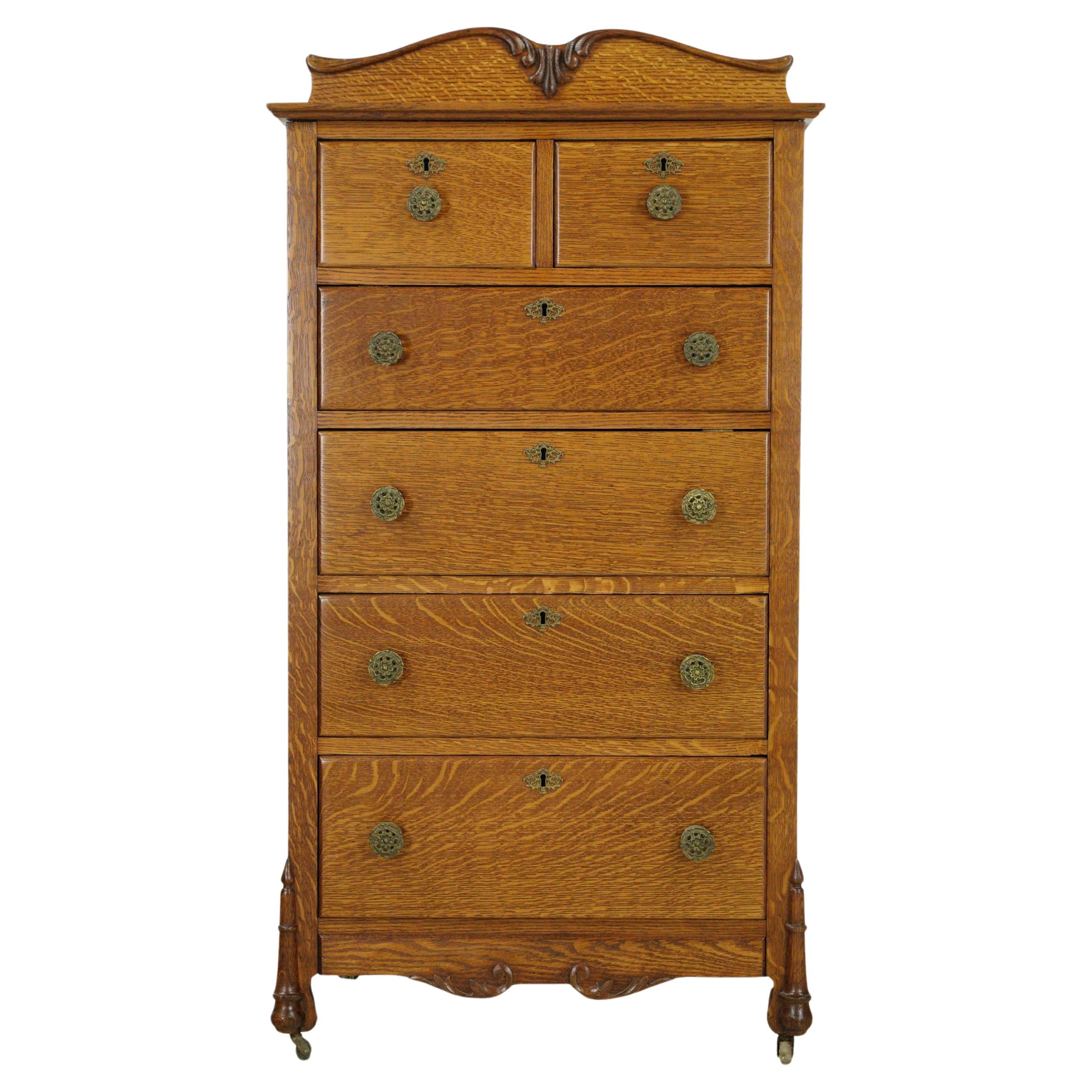 Antique Victorian Oak Wood Tall Chest Dresser Cabinet with Carved Backsplash at 1stDibs | tall ...
