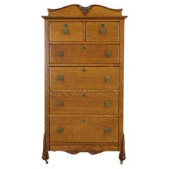 Antique Victorian Oak 6 Drawer High Boy Dresser w Casters
