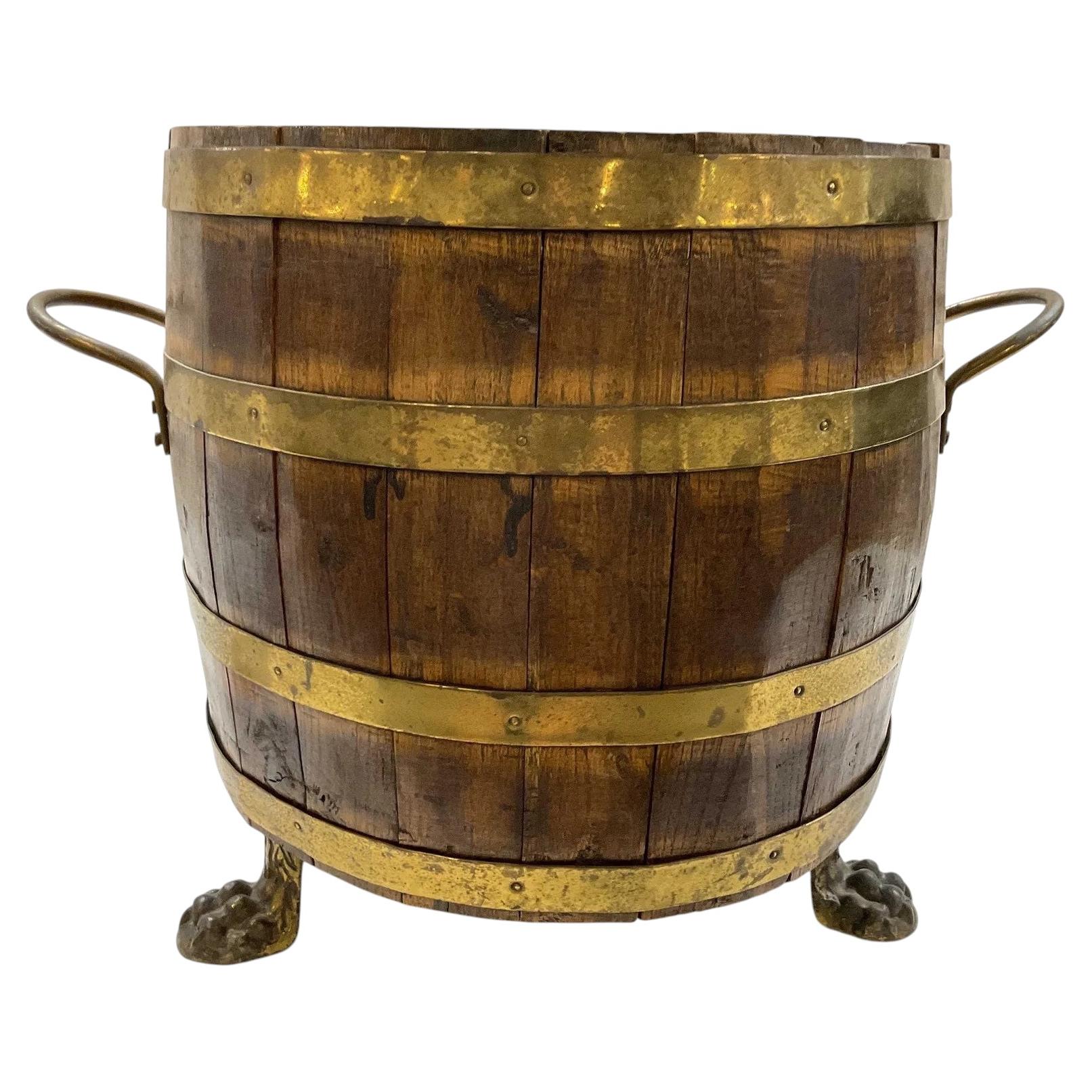 Antiker viktorianischer Holzbehälter aus Eiche mit Messingbändern, auch als „Log Bucket“ oder „Jardiniere“ bezeichnet