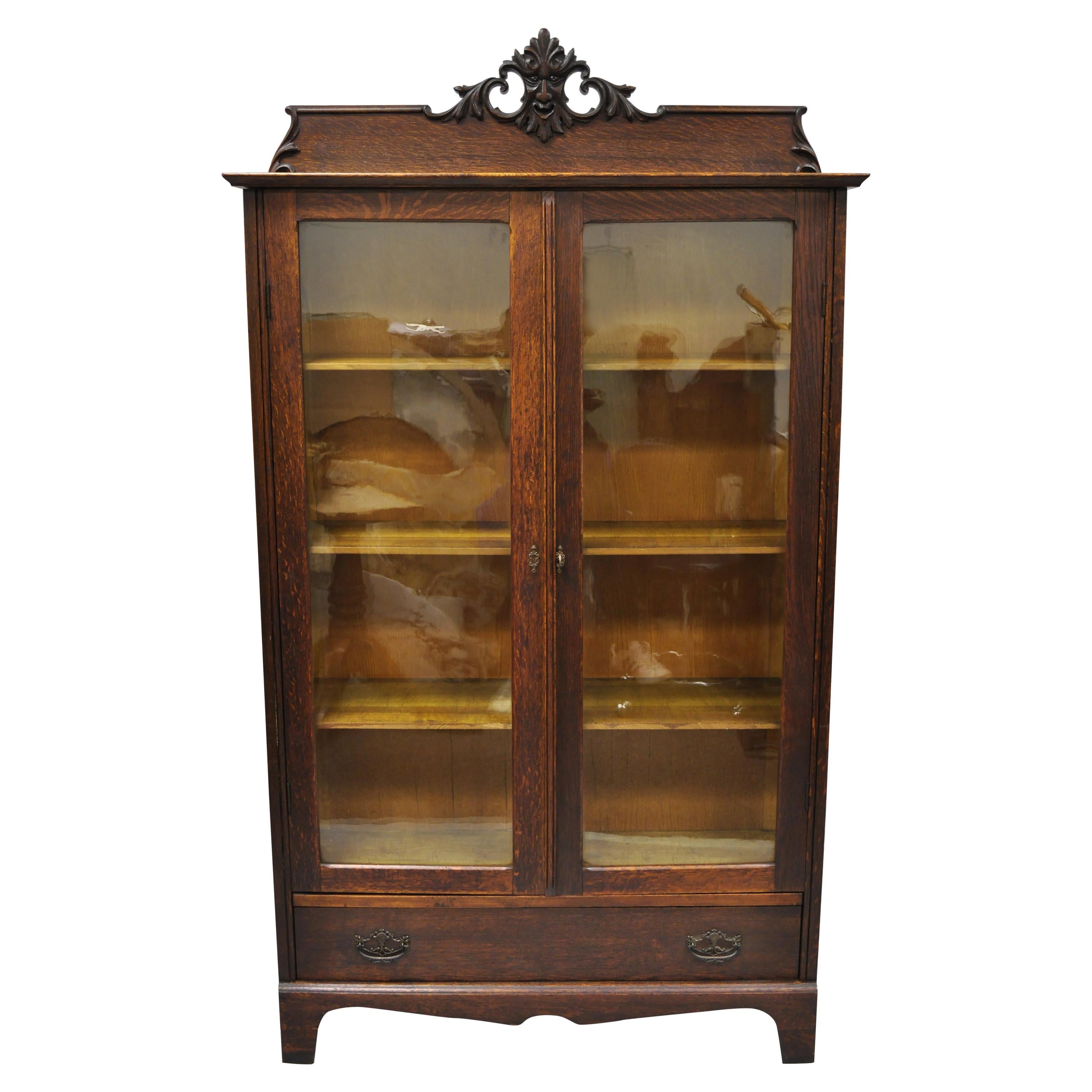 Antique Victorian Oak and Glass Northwind Face 2-Door Bookcase China Cabinet