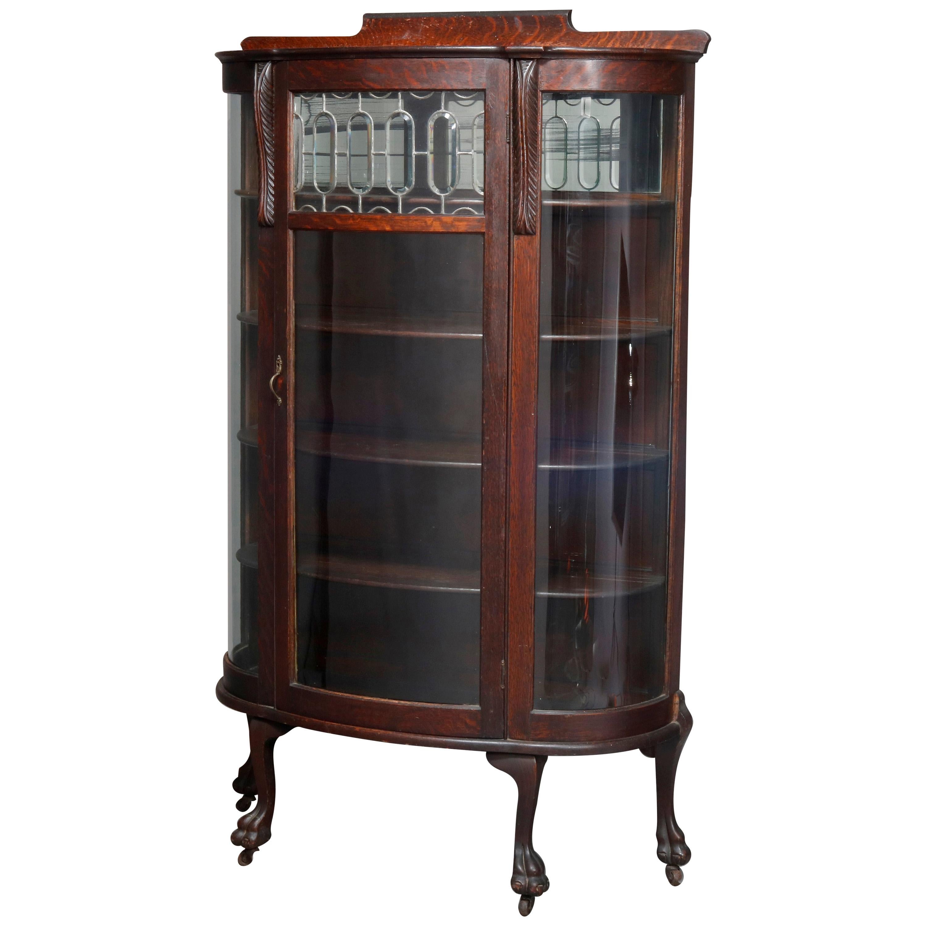 Antique Victorian Oak and Leaded Glass China Cabinet with Paw Feet, circa 1890