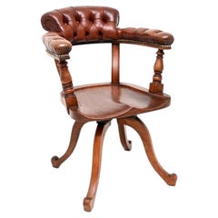 Antique Victorian Oak and Leather Swivel Desk Chair by James Shoolbred