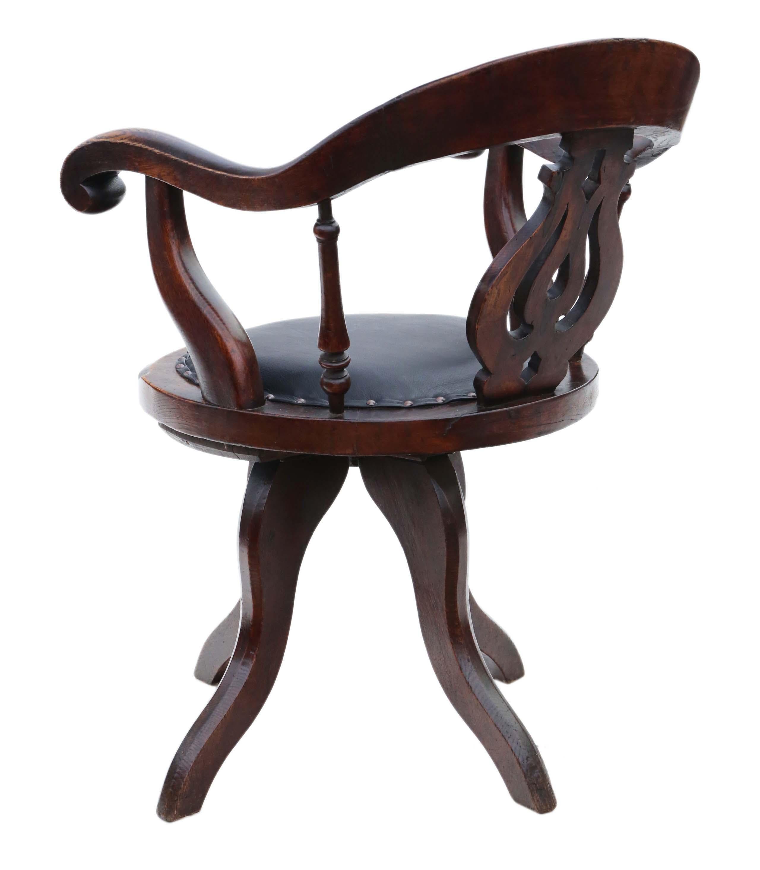 Antiker viktorianischer Dreh-Schreibtischstuhl aus Eiche und Leder, Bürostuhl (Viktorianisch) im Angebot