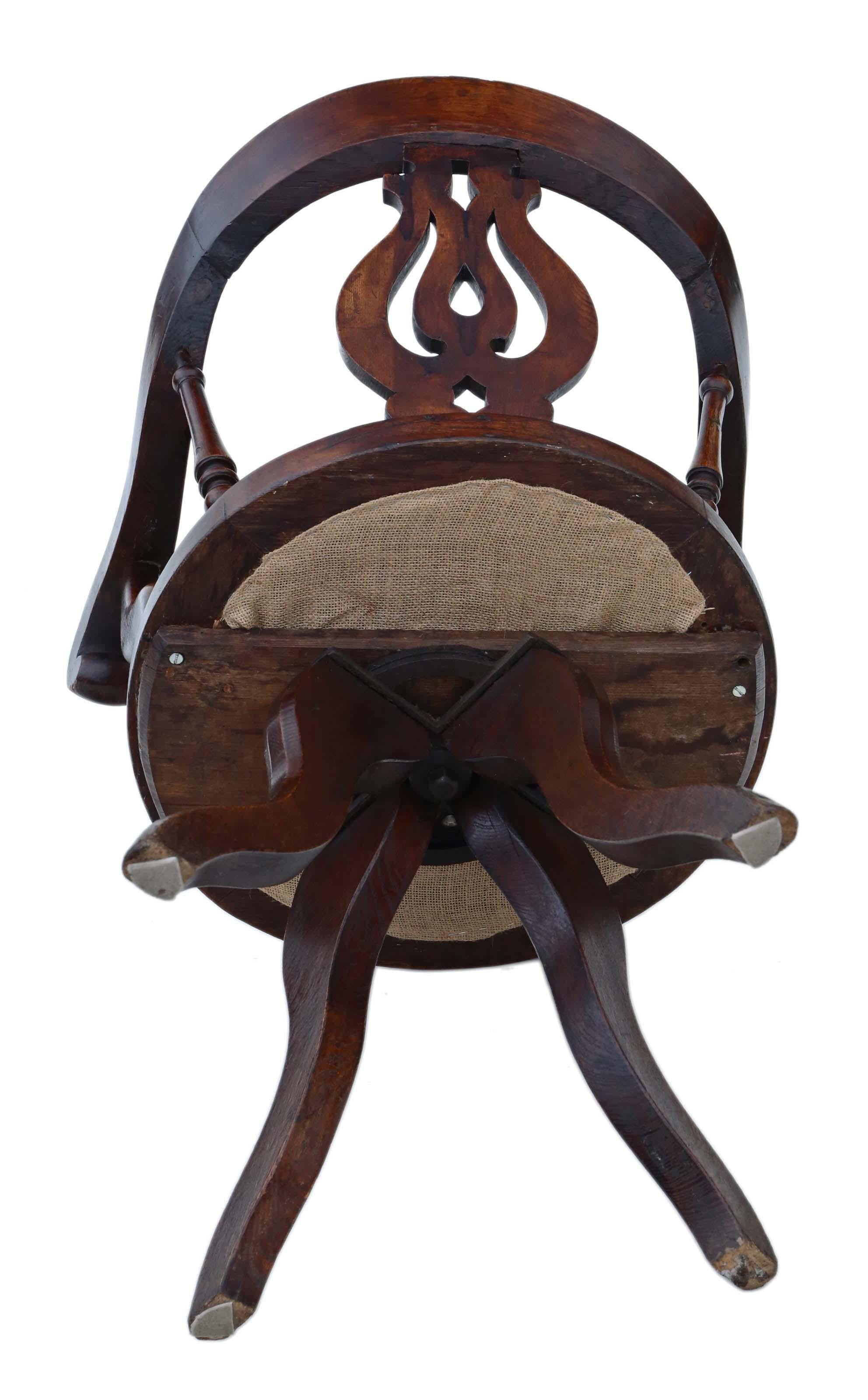 Antiker viktorianischer Dreh-Schreibtischstuhl aus Eiche und Leder, Bürostuhl im Angebot 2