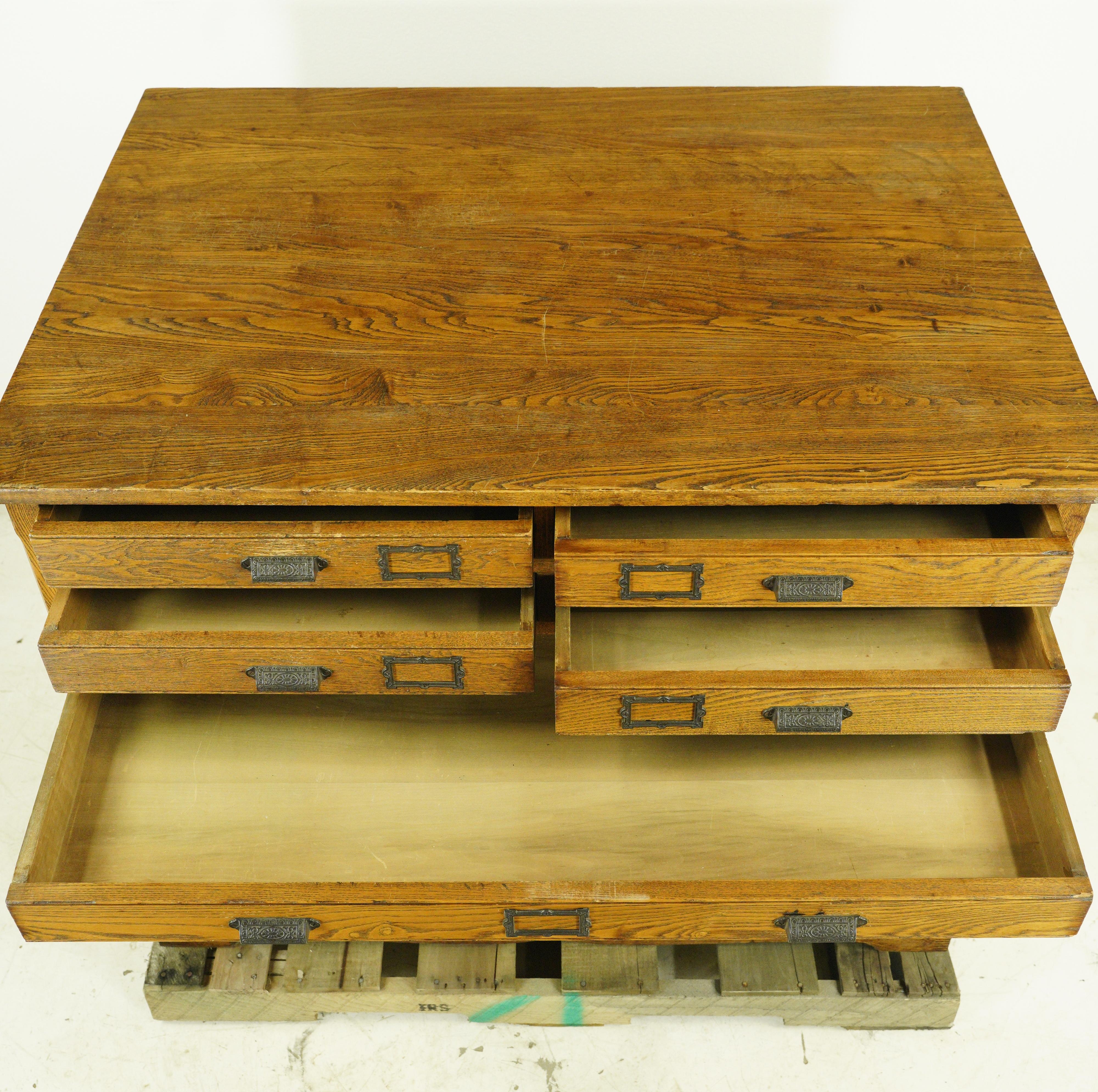 Antike viktorianische Eiche Architekten Flachablage Schrank 10 Schublade (Gegossen)