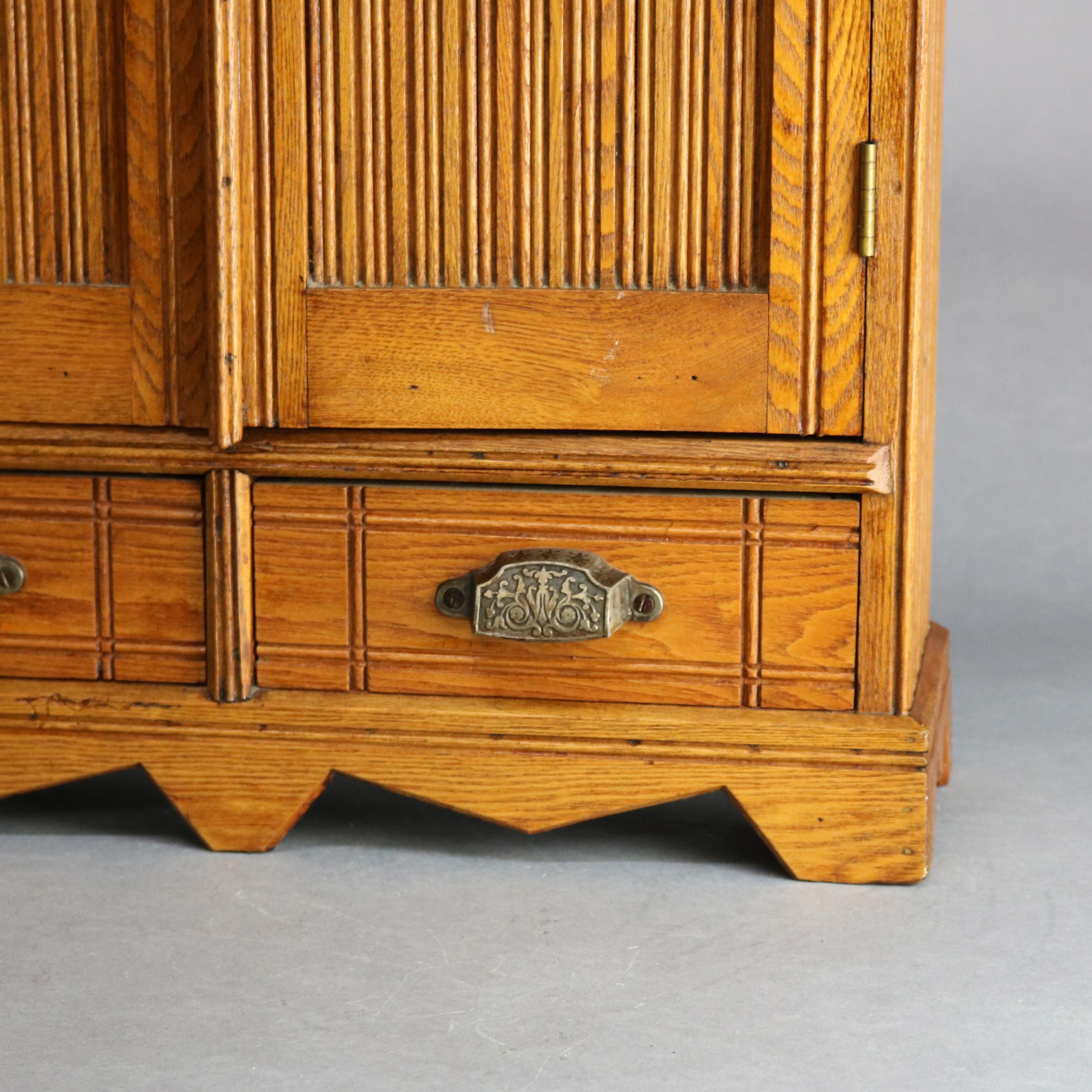 Carved Antique Victorian Oak Bead Board Medicine Wall Cabinet, circa 1900