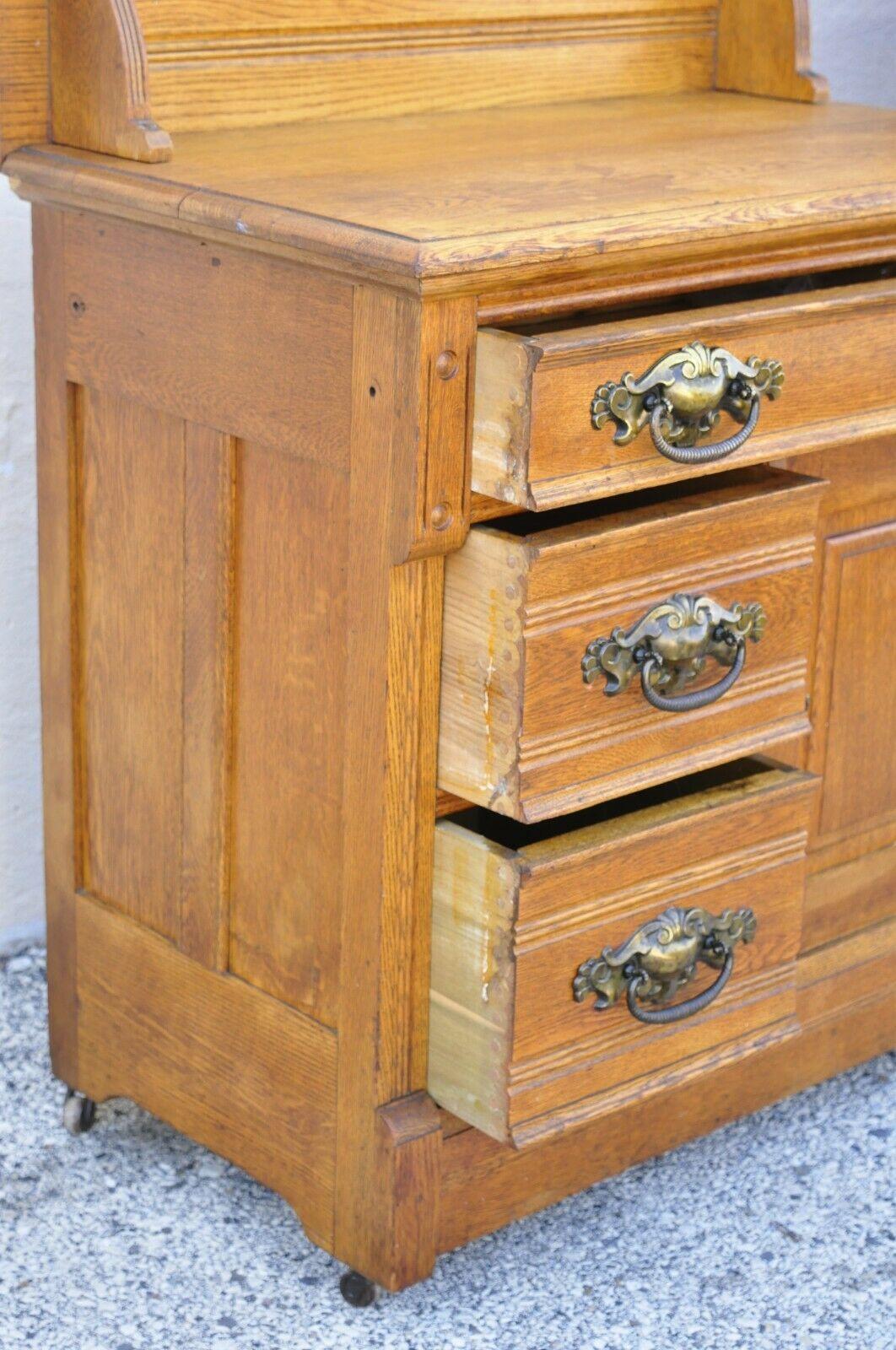 Antique Victorian Oak Bedroom Set Full Size Bed Washstand Dresser, 3 Piece Set For Sale 3