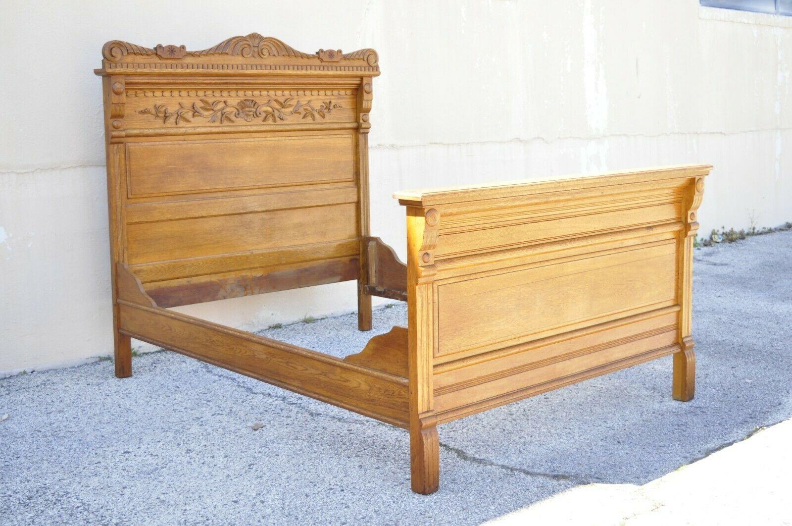 Antique Eastlake Victorian oak bedroom set full size bed washstand dresser - 3 piece set. Item features (1) Full size bed frame, (1) washstand with backsplash, (1) dresser with large mirror, pin and cove constructed drawers, beautiful wood grain,