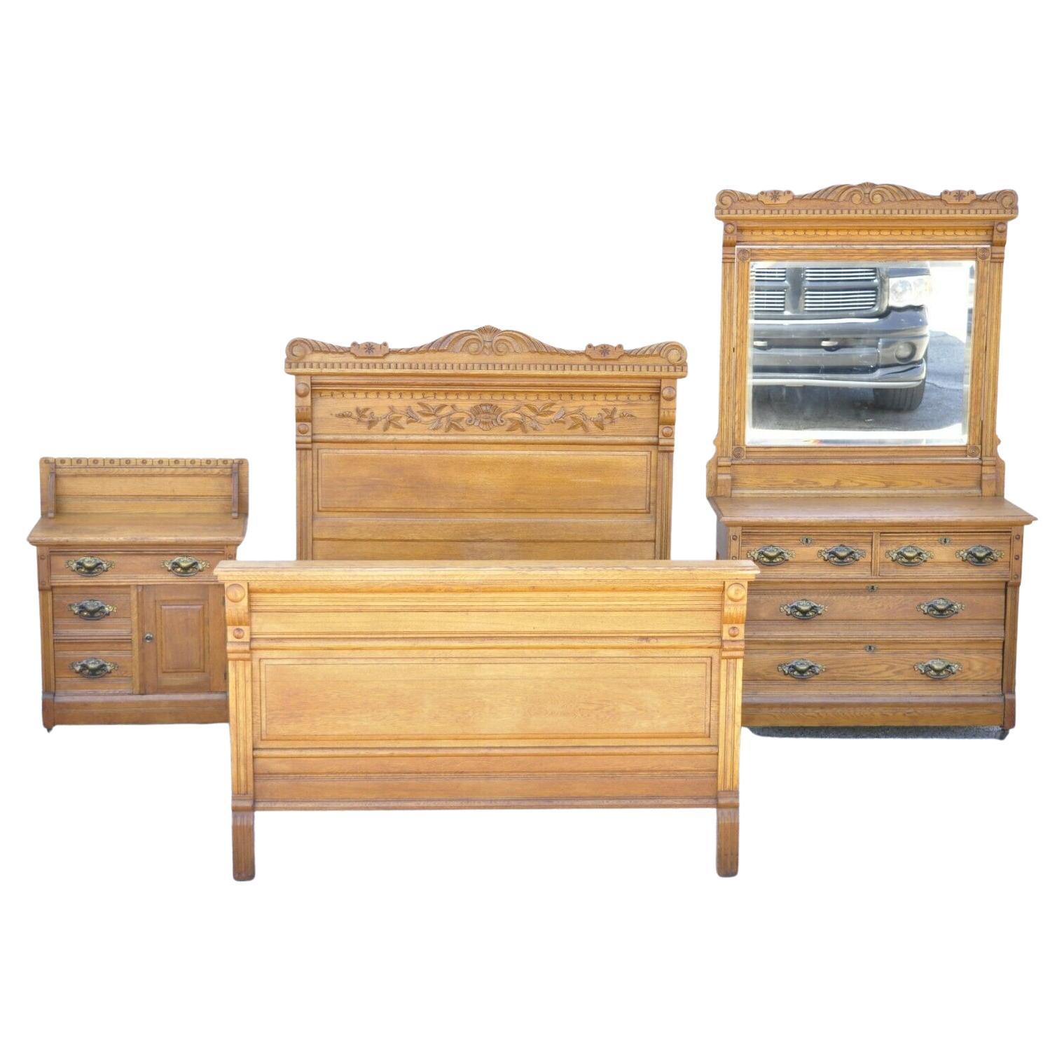Antique Victorian Oak Bedroom Set Full Size Bed Washstand Dresser, 3 Piece Set For Sale