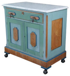 Antique Victorian Oak & Birdseye Maple Marble Side Table Cabinet Wash Stand