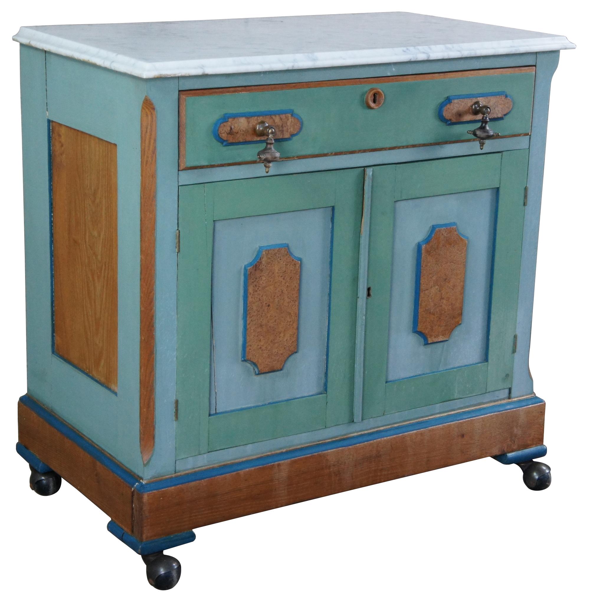 Eastlake Antique Victorian Oak & Birdseye Maple Marble Side Table Cabinet Wash Stand