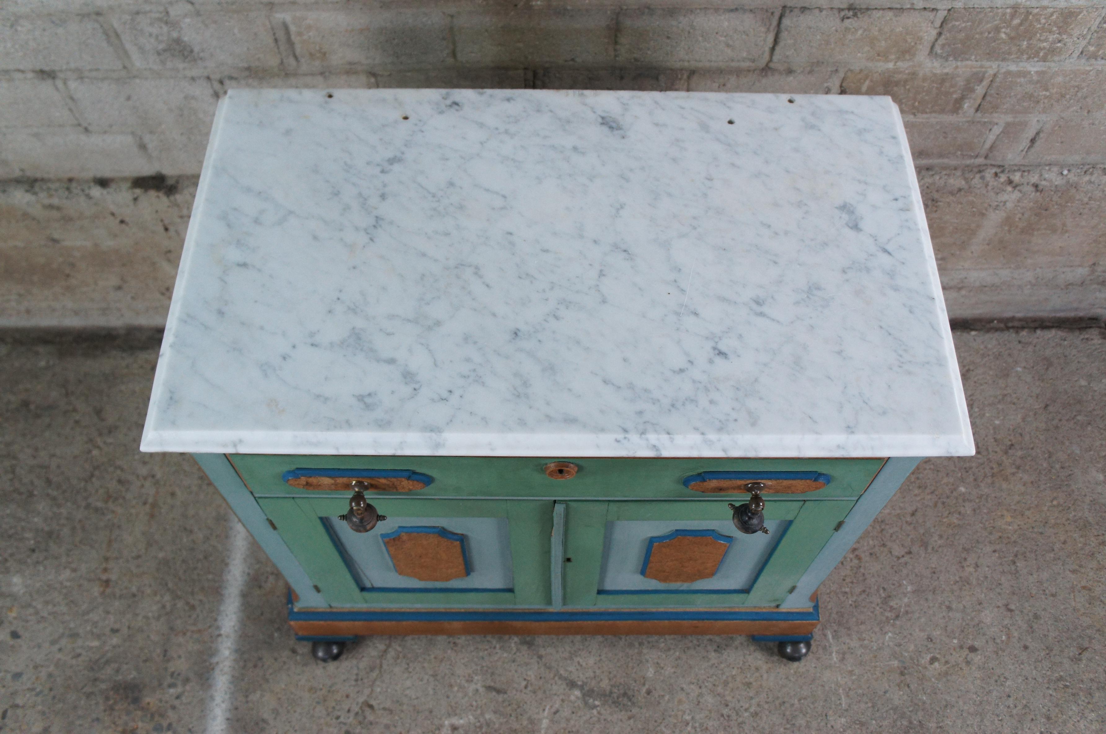 Antique Victorian Oak & Birdseye Maple Marble Side Table Cabinet Wash Stand 1