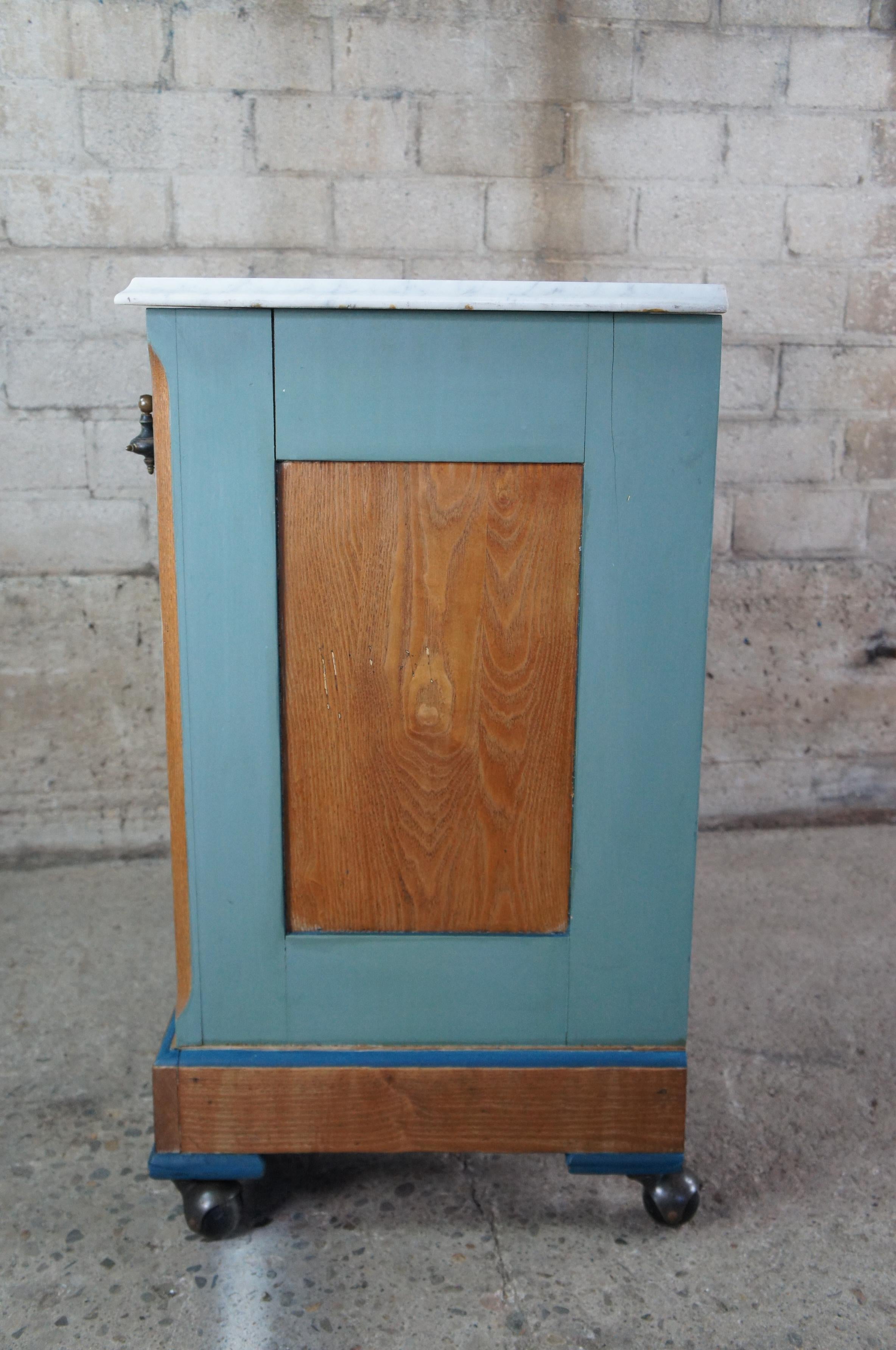 Antique Victorian Oak & Birdseye Maple Marble Side Table Cabinet Wash Stand 3