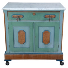 Antique Victorian Oak & Birdseye Maple Marble Side Table Cabinet Wash Stand