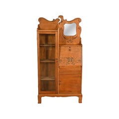 Antique Victorian Oak Bookcase With Drop Front Secretary Desk, Circa 1900