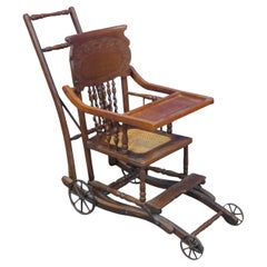 Antique Victorian Oak Caned Convertible Seat High Chair Stroller Carriage