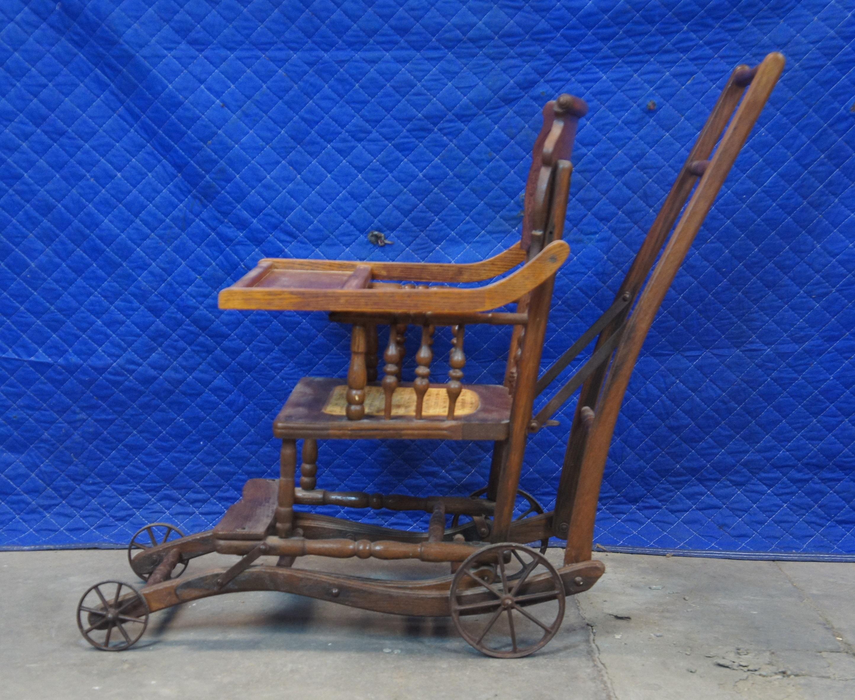 19th Century Antique Victorian Oak Caned Convertible Seat High Chair Stroller Carriage