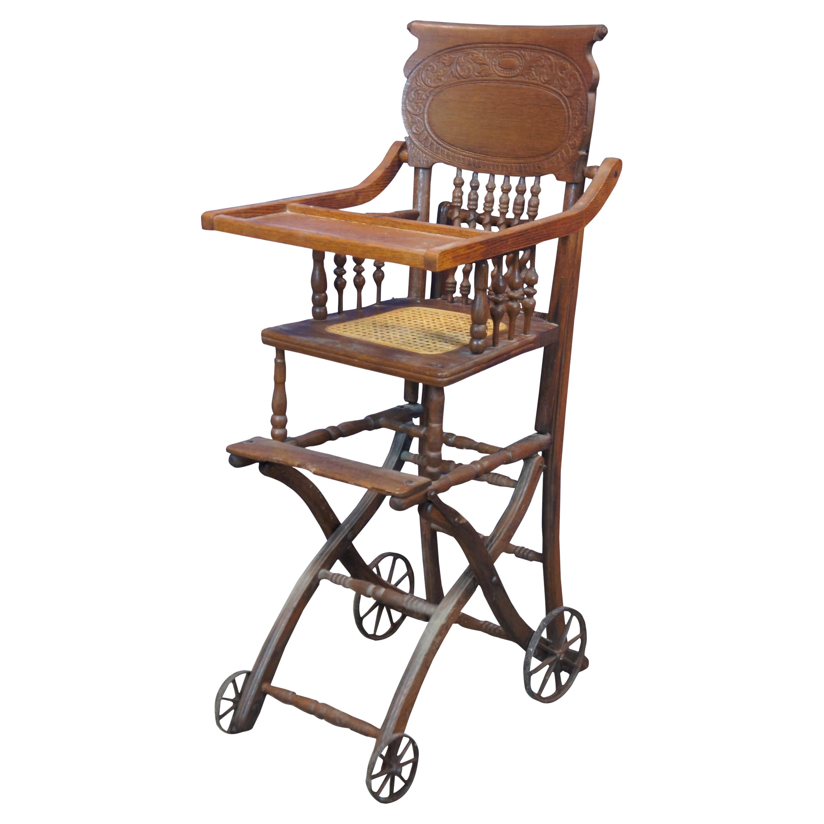 Antique Victorian Oak Caned Convertible Seat High Chair Stroller Carriage