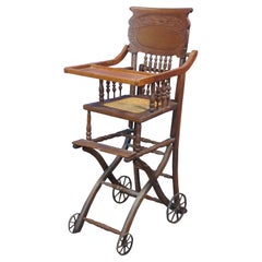 Antique Victorian Oak Caned Convertible Seat High Chair Stroller Carriage