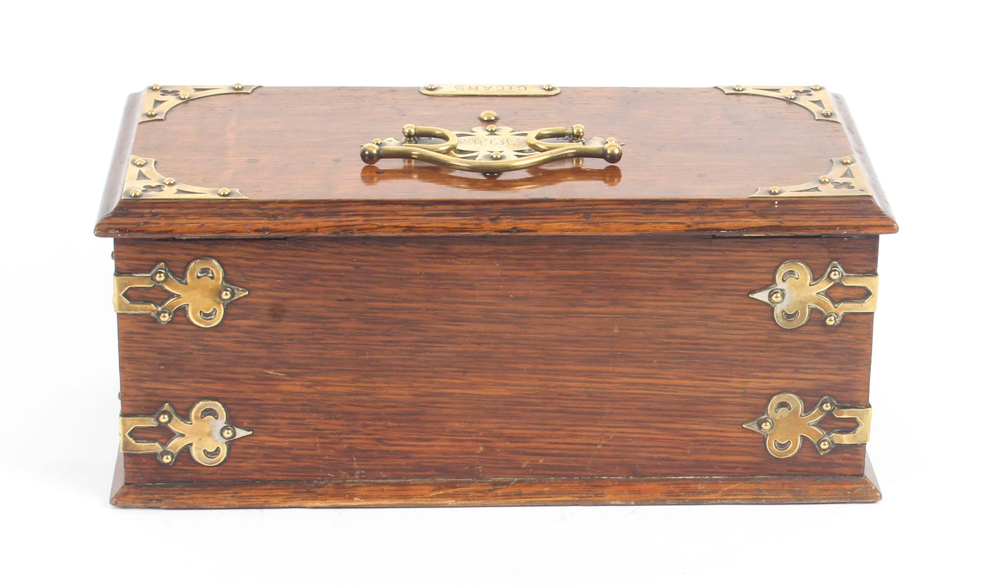 Brass Antique Victorian Oak Cigar Humidor Box, 19th Century