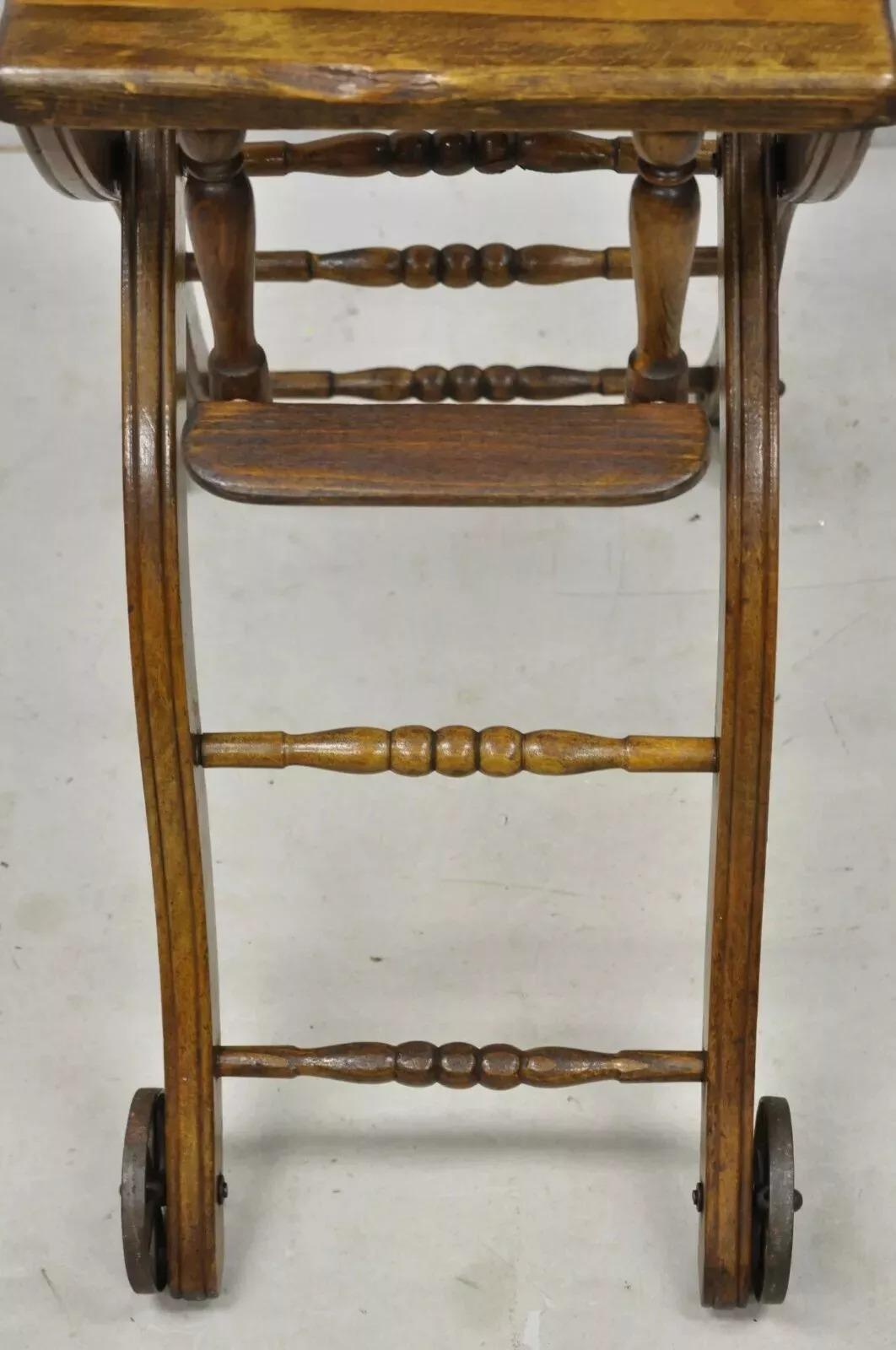 Antique Victorian Oak Convertible Pressed Back High Chair Baby Stroller For Sale 5