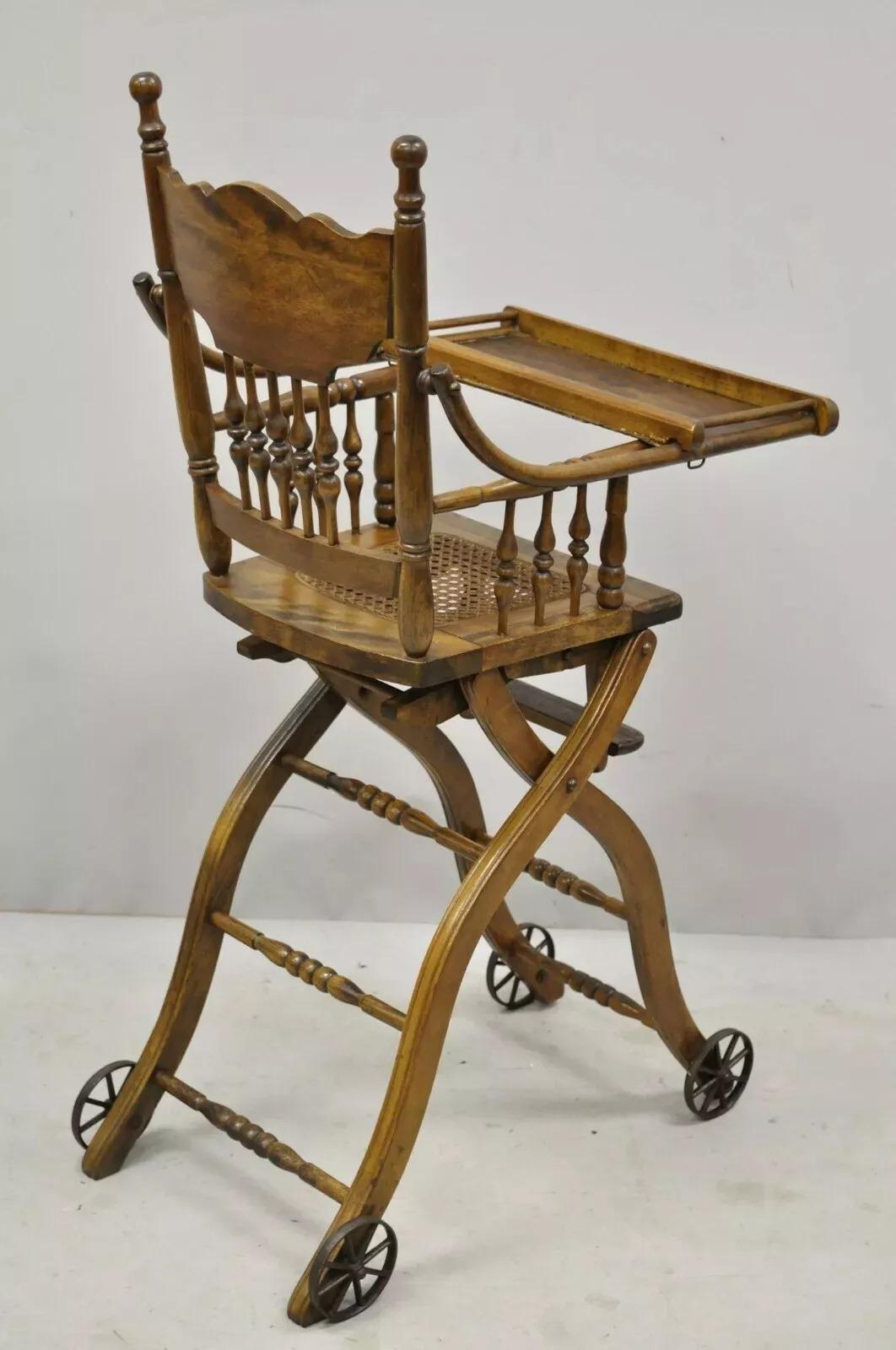Antique Victorian Oak Convertible Pressed Back High Chair Baby Stroller For Sale 6