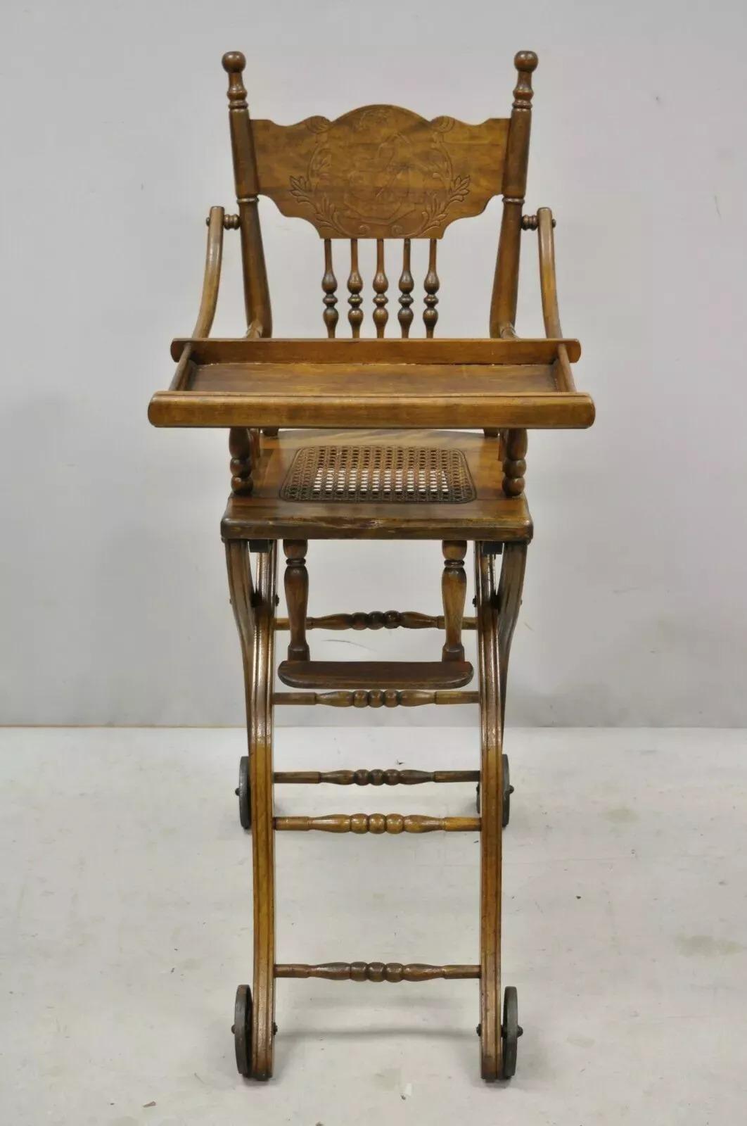 Other Antique Victorian Oak Convertible Pressed Back High Chair Baby Stroller For Sale