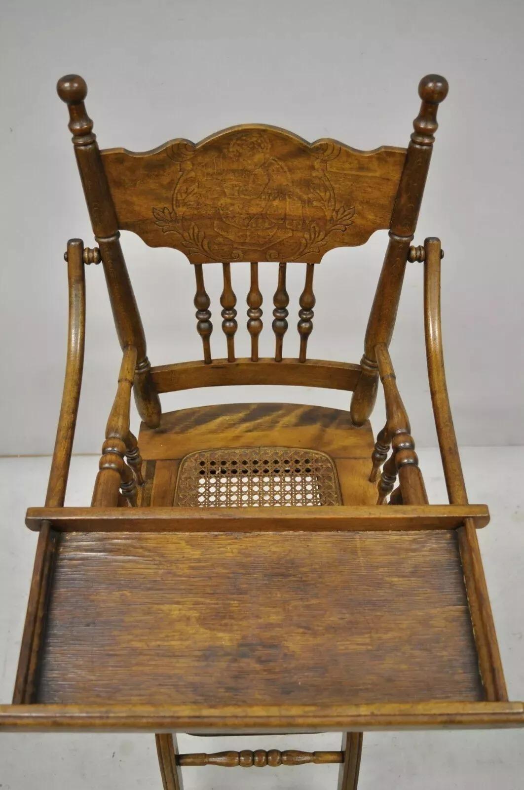 Antique Victorian Oak Convertible Pressed Back High Chair Baby Stroller In Good Condition For Sale In Philadelphia, PA